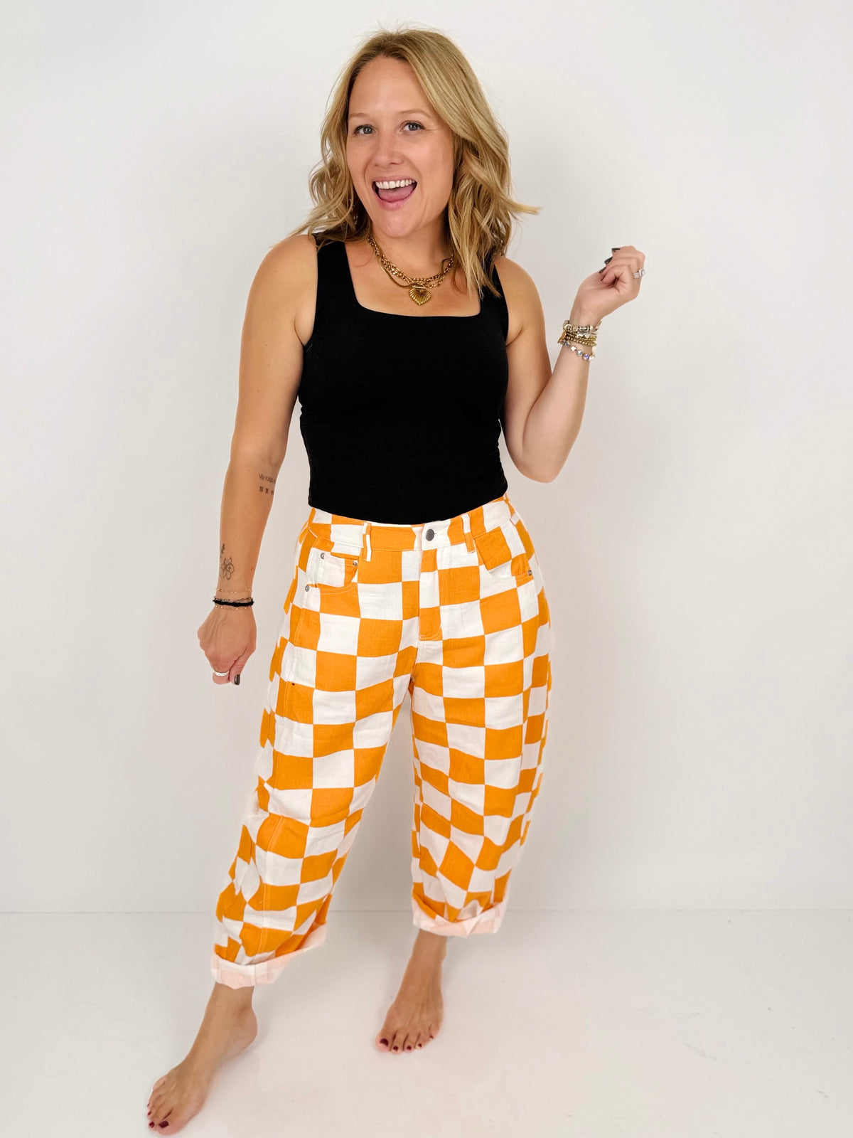 Statement Check Barrel Denim Pants - Orange {S-3X}