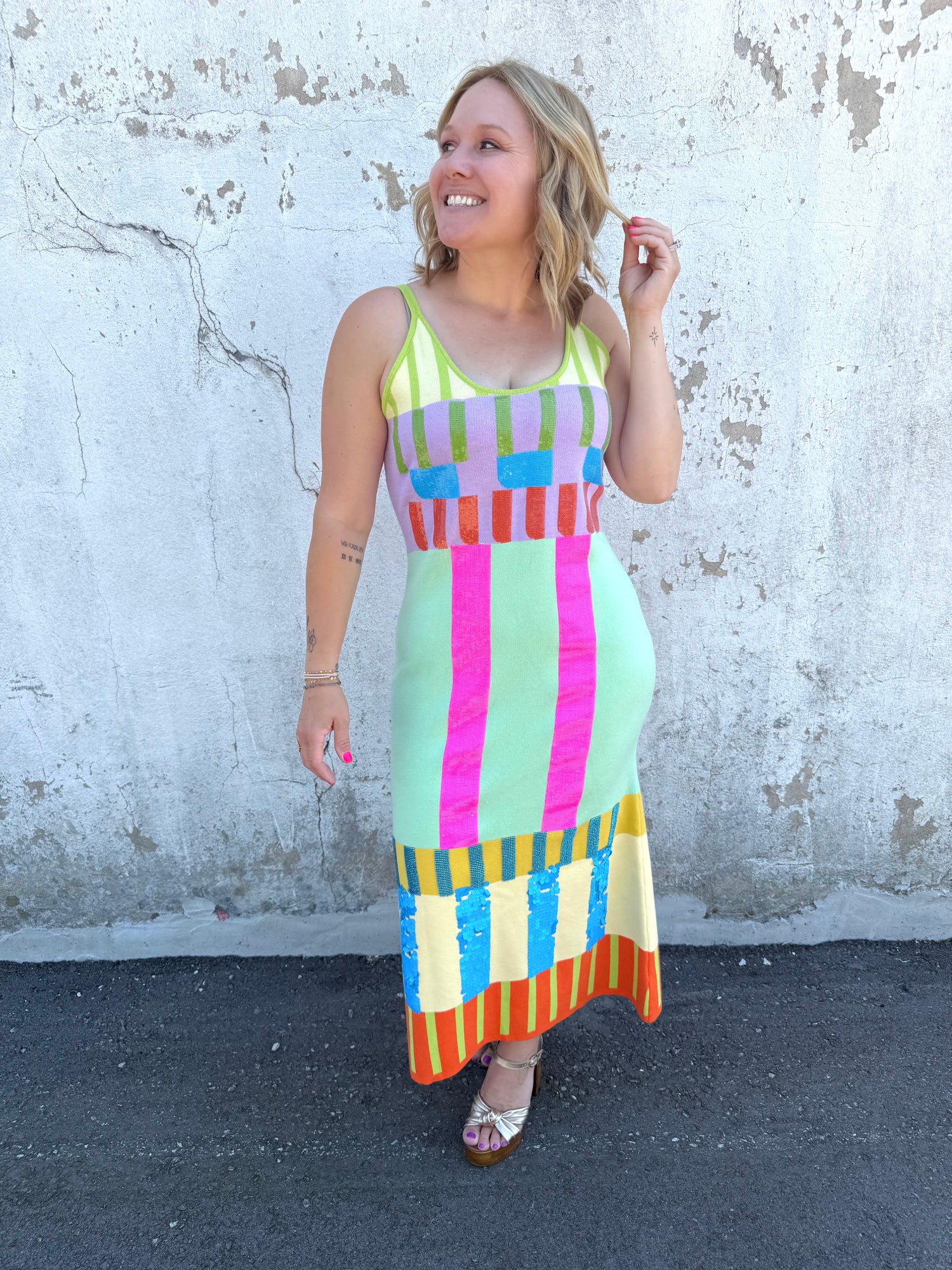 Queen of Sparkles :: Beige Multi Stripe Colorblock Knit Midi Dress {S-XL}