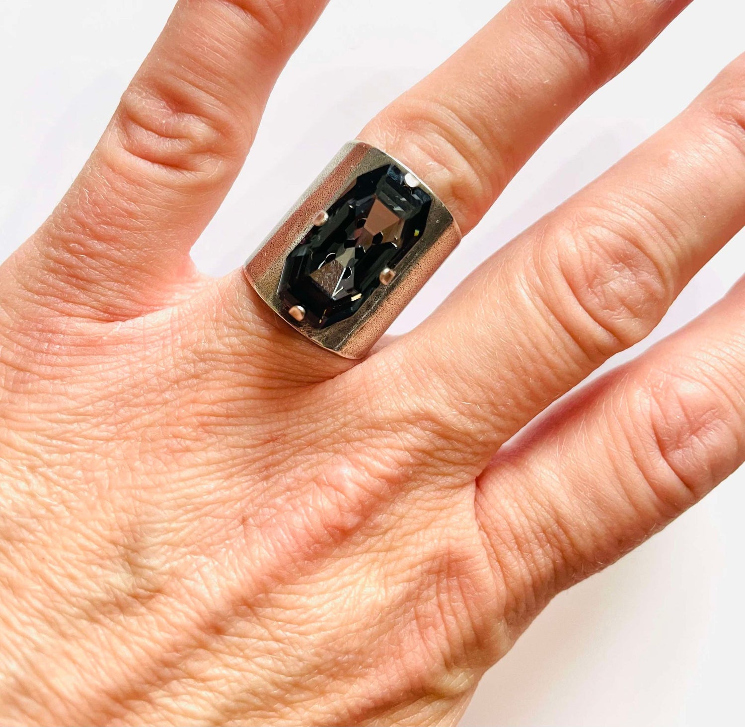 Long Rectangle Statement Ring in Silver Night