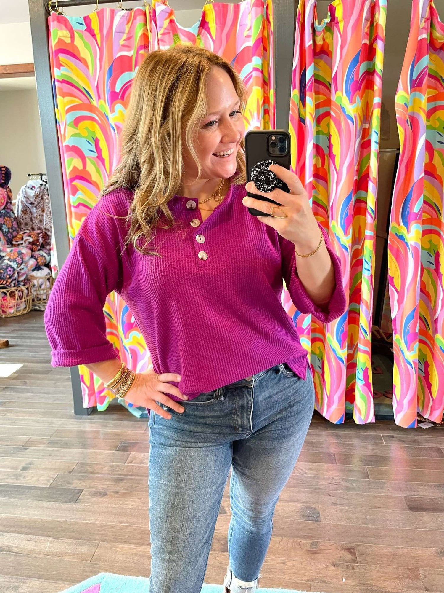 Waffle Weave Button Top in Magenta