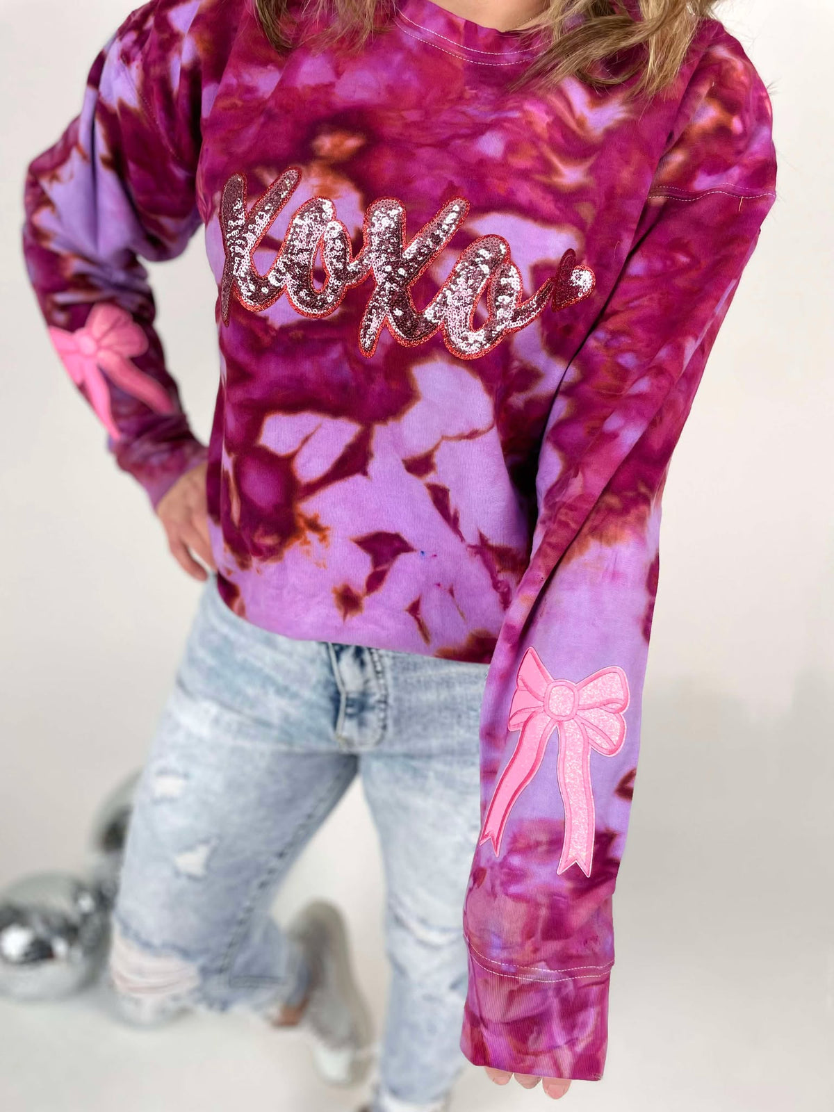Custom Ice Dyed Sweatshirt - Sequin XOXO with Bows {S-3X} - KaraMarie
