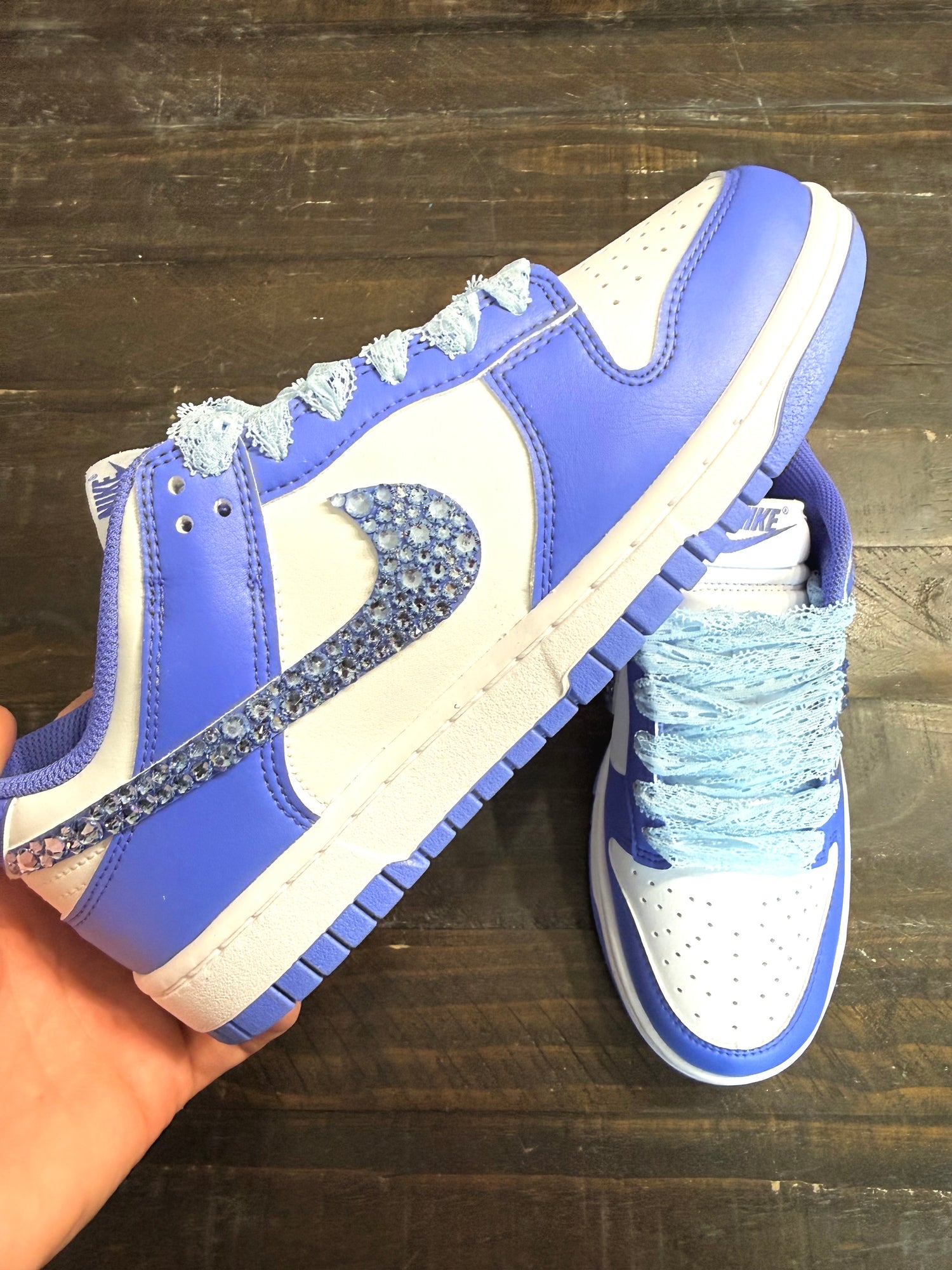 APRIL CRYSTALLIZED SHOE OF THE MONTH! Nike Low Dunk White/Blue {CUSTOM ORDER!}
