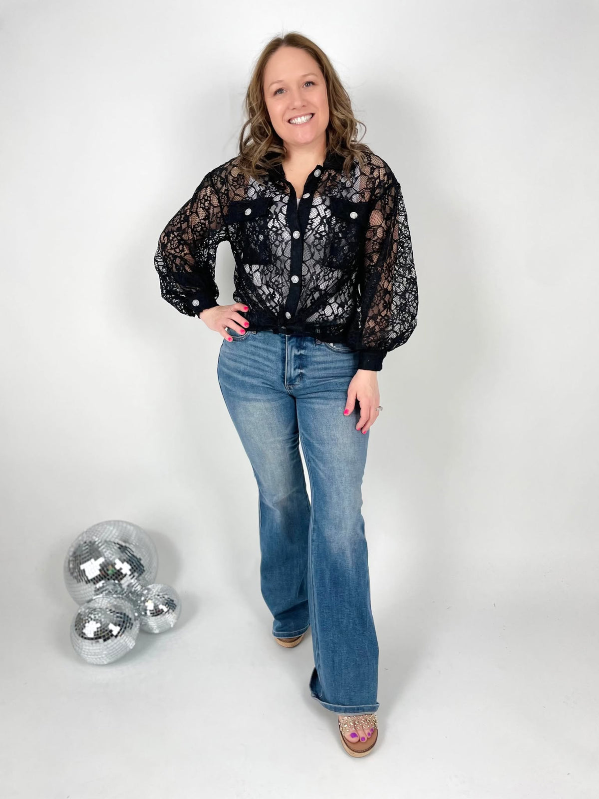 Lace Cascade Shacket Blouse in Black - KaraMarie