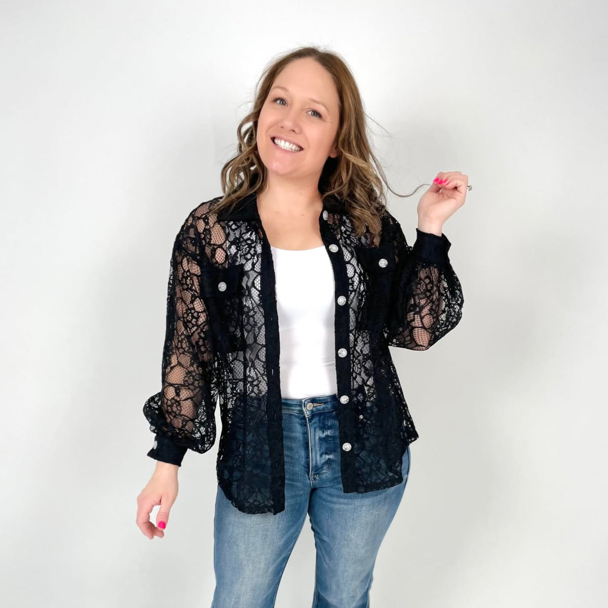 Lace Cascade Shacket Blouse in Black - KaraMarie