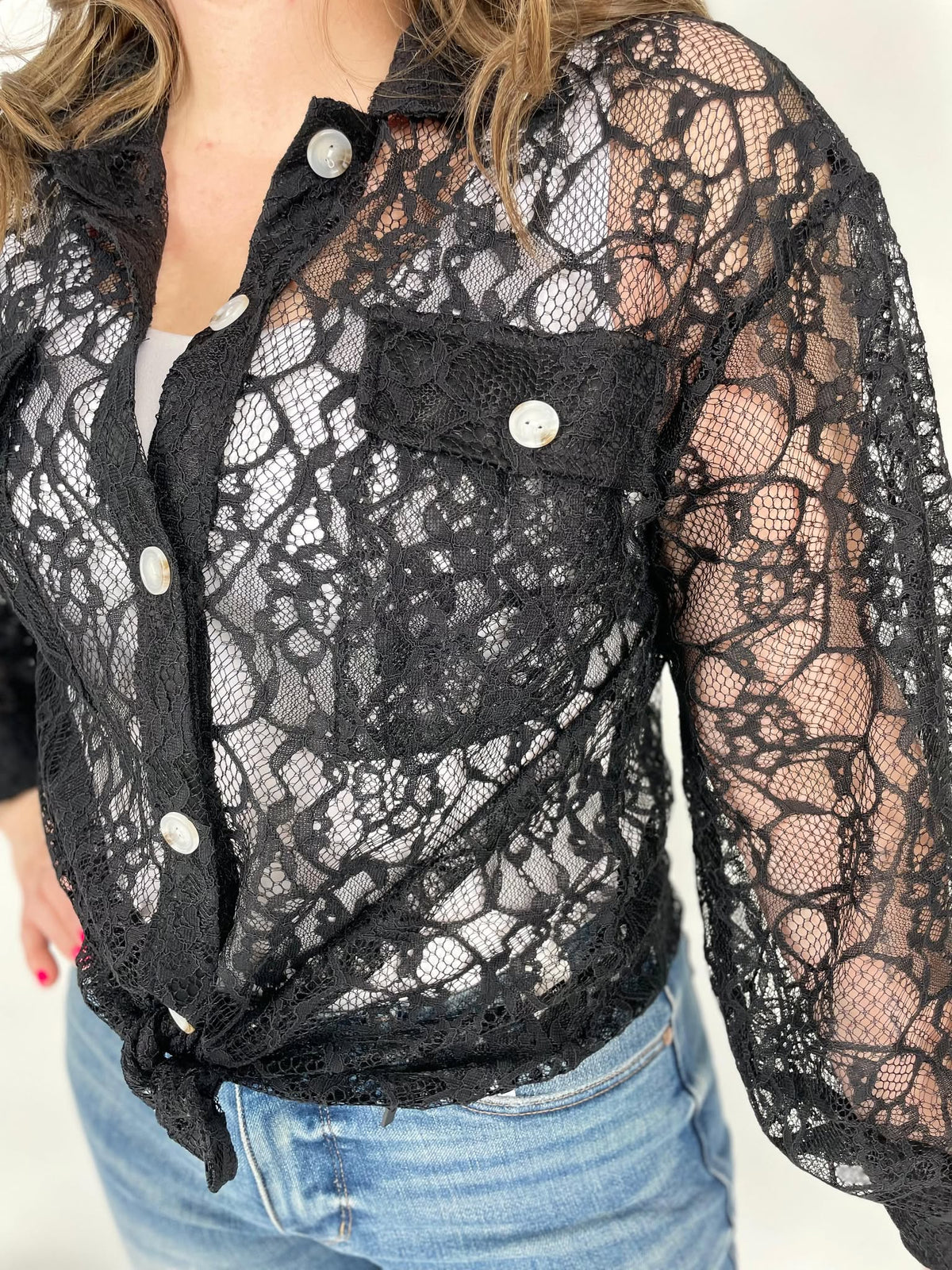 Lace Cascade Shacket Blouse in Black - KaraMarie