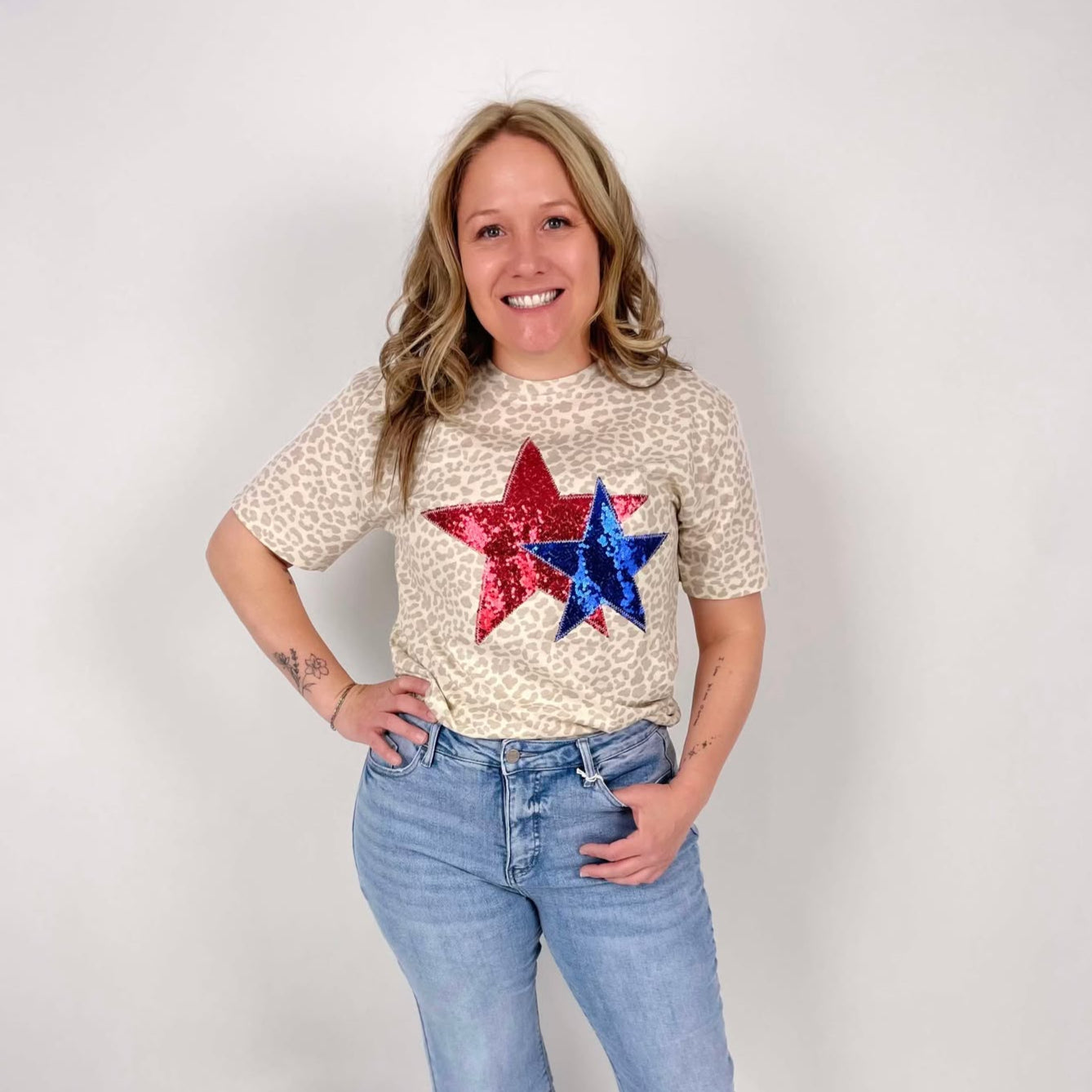 Leopard Sequin Stars Tee {Size S-3X}