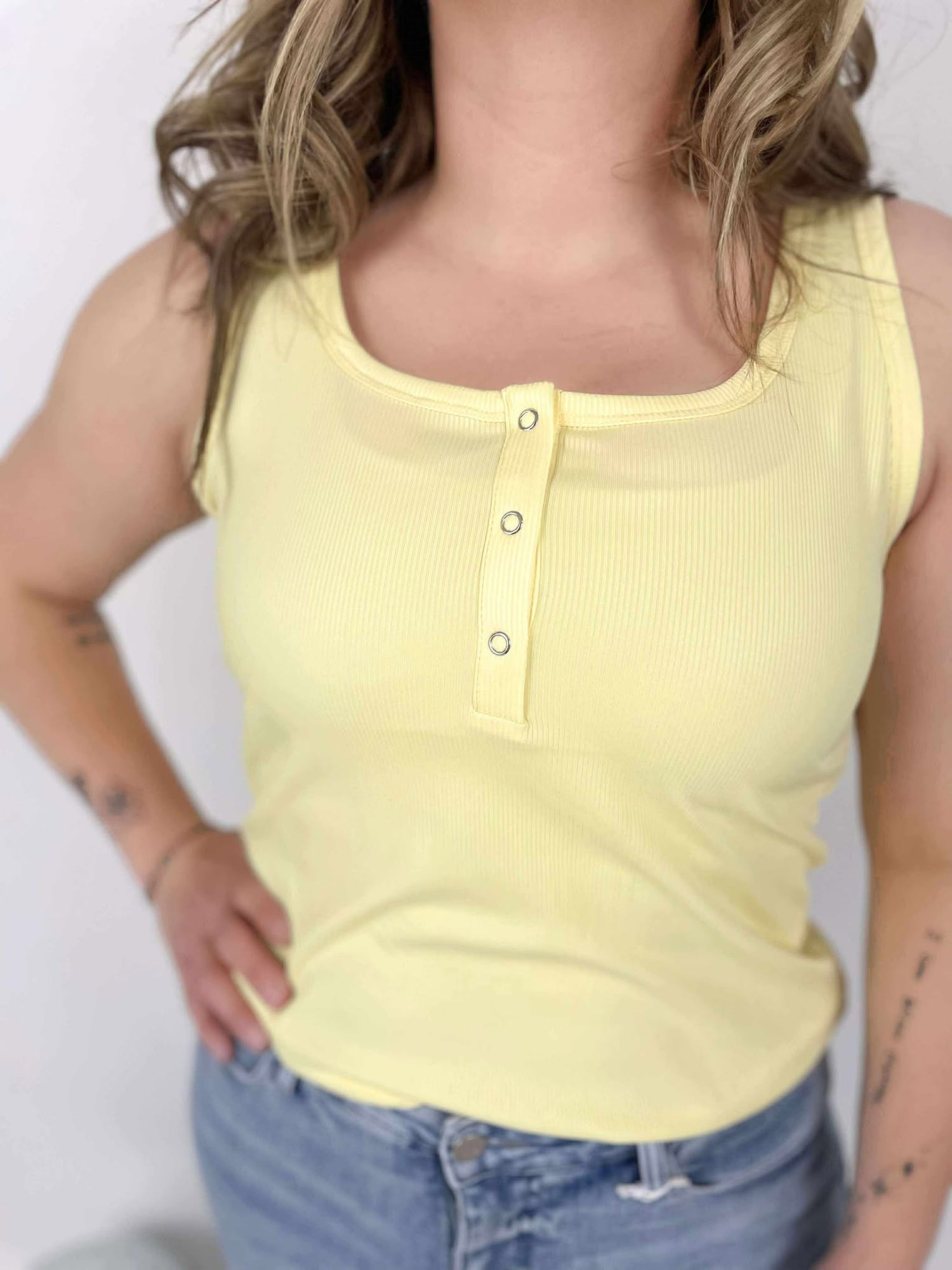 Brandee Snap Henley Tank in Yellow {Size XS-3X}