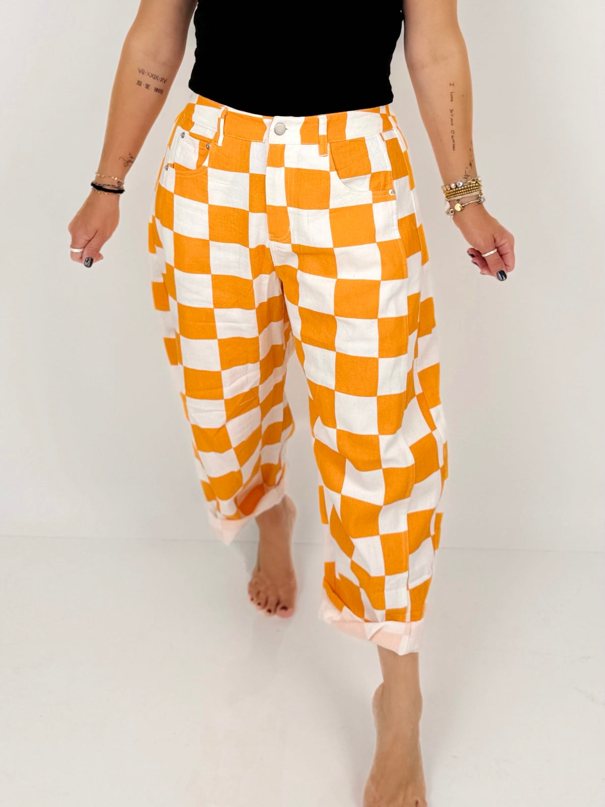 Statement Check Barrel Denim Pants - Orange {S-3X}