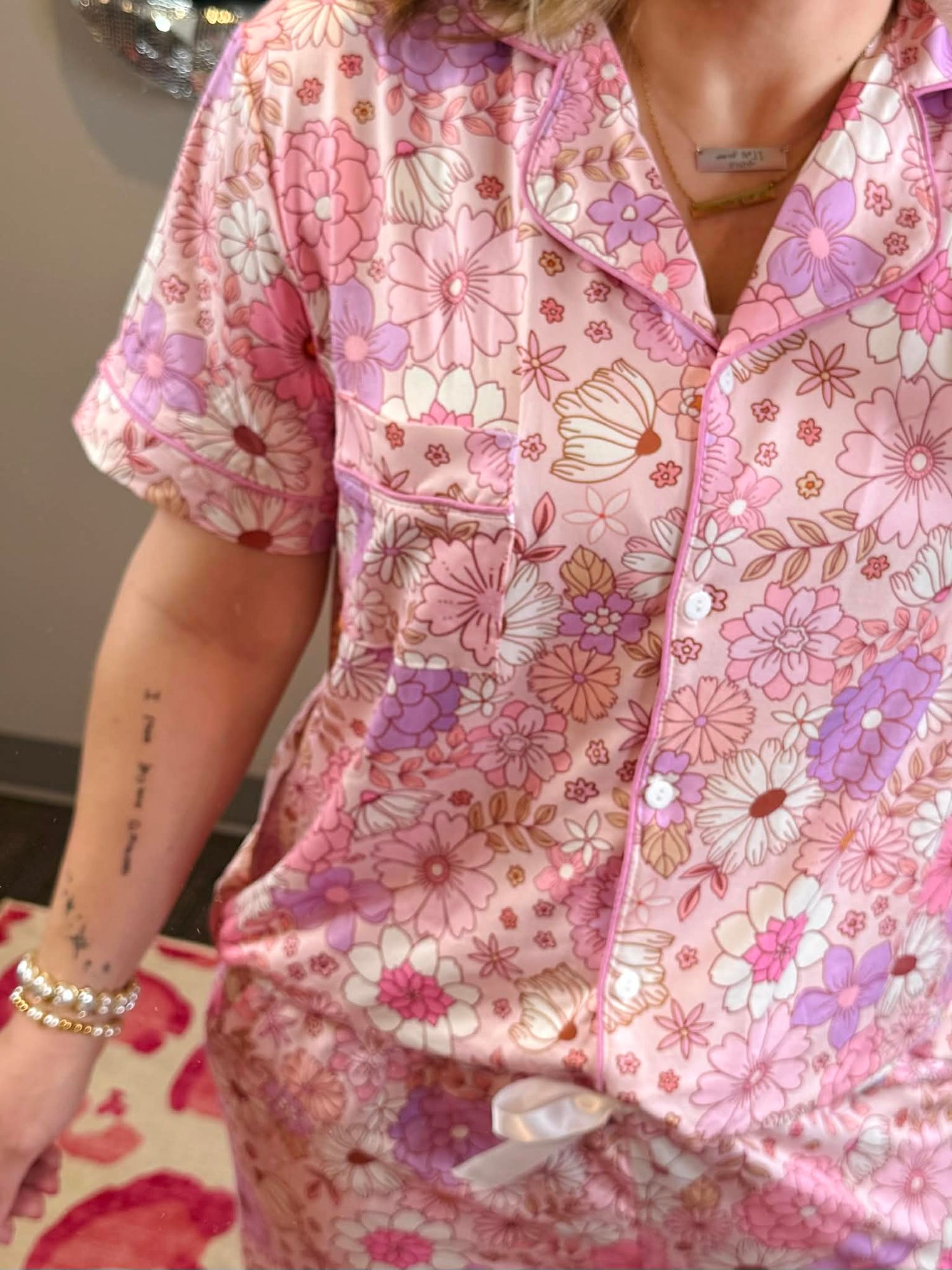 Pajama Set - Button Down - Pink Boho Floral {XS-3X} - KaraMarie