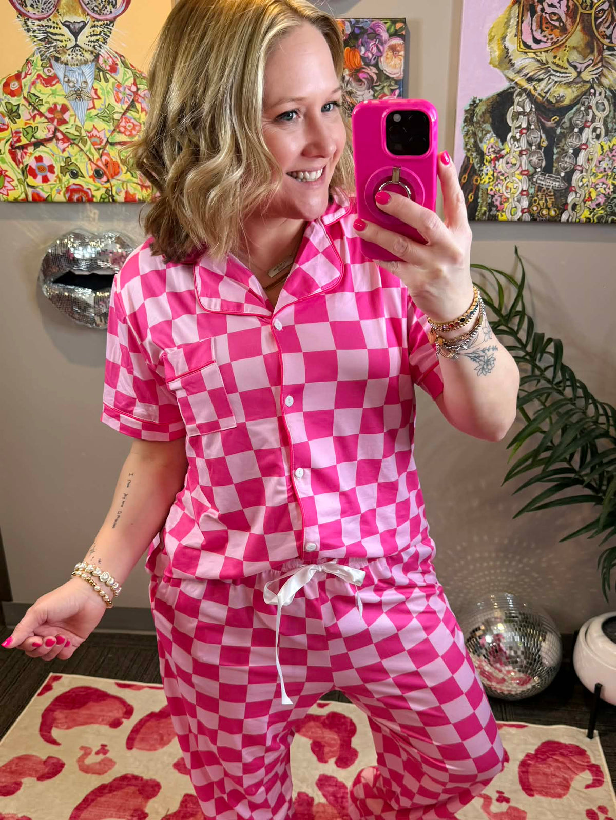 Pajama Set - Button Down - Pink Checker {S-3X} - KaraMarie