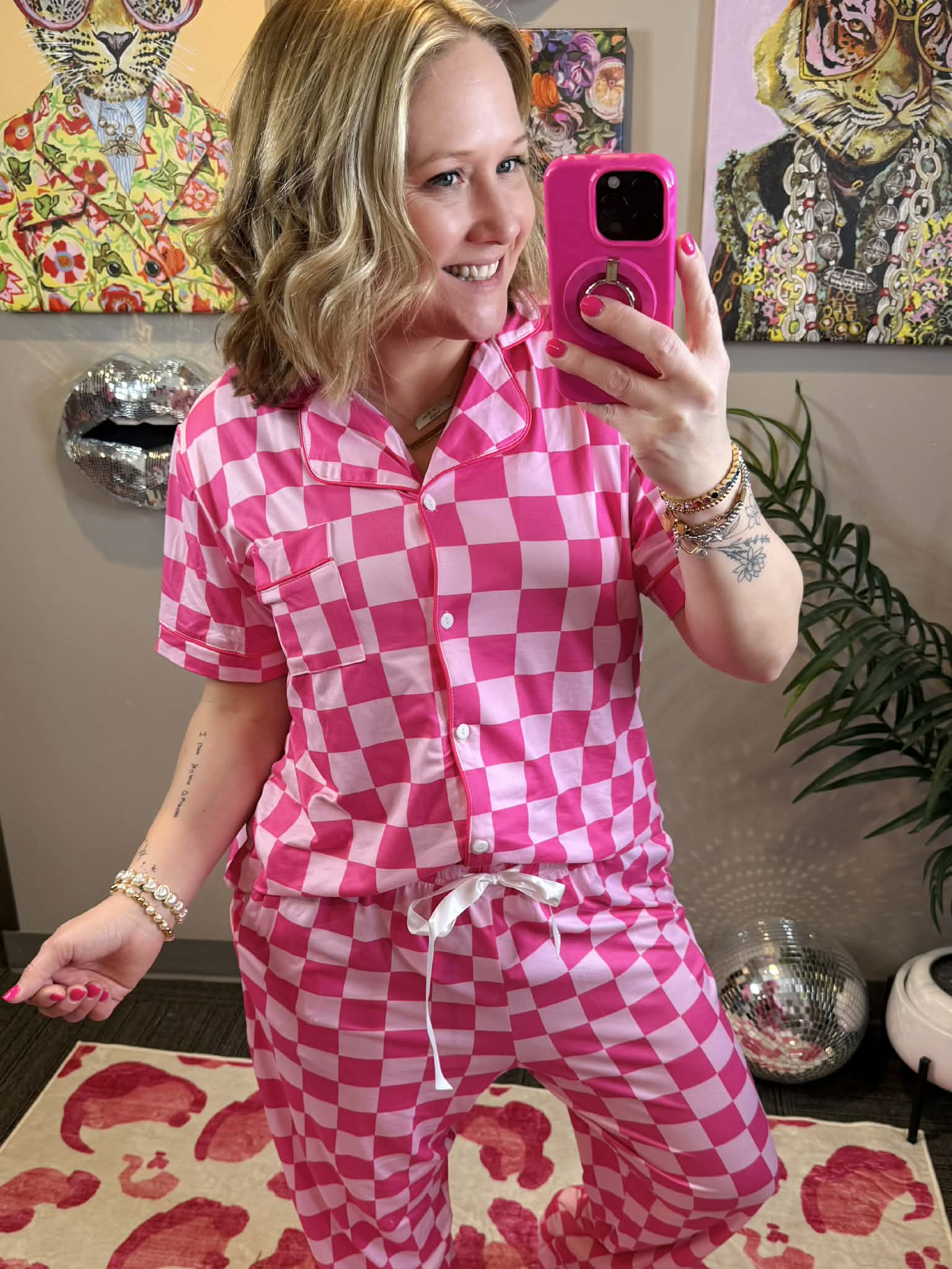 Pajama Set - Button Down - Pink Checker {S-3X} - KaraMarie