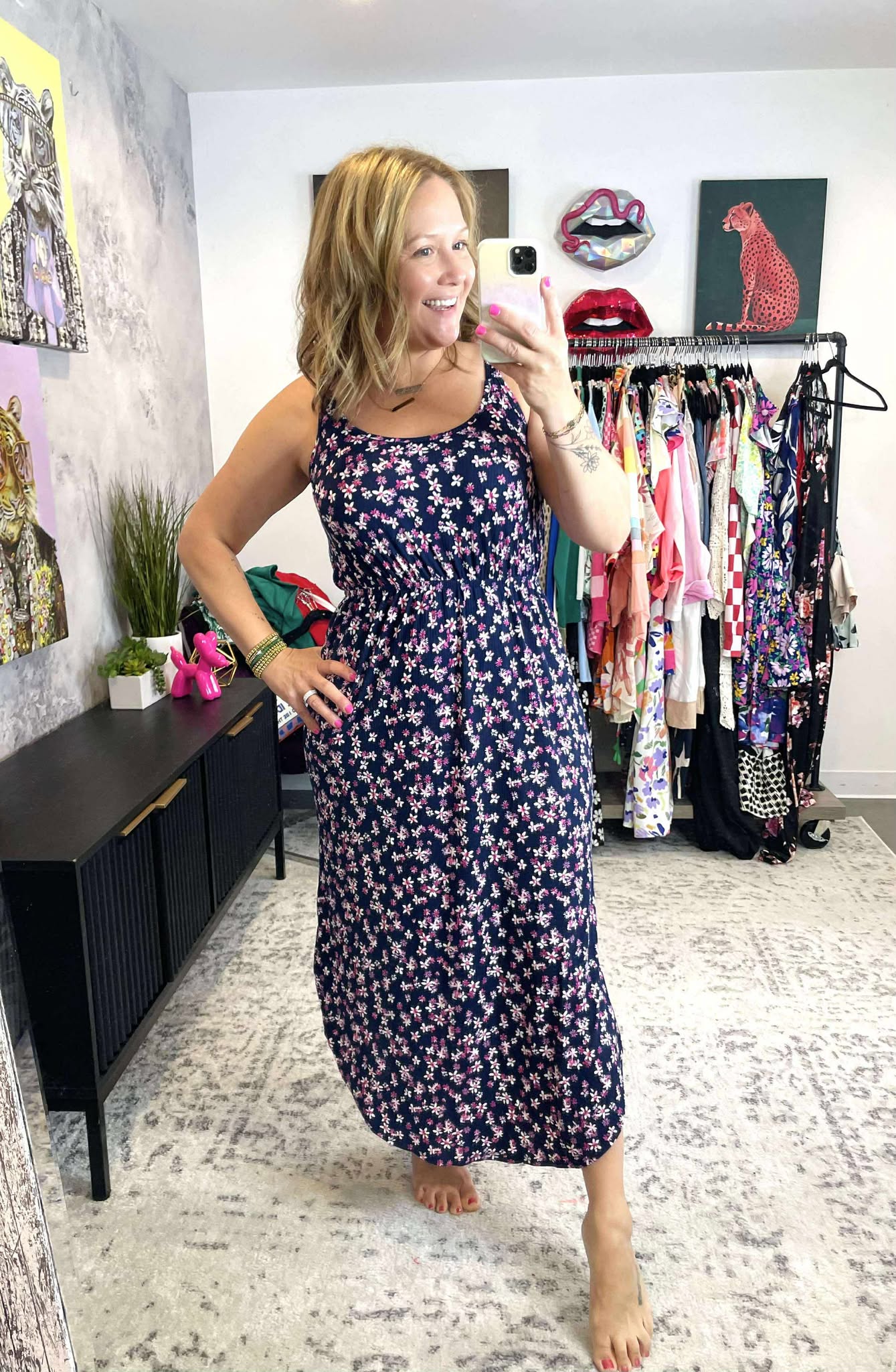 Reagan Ribbed Midi Dress - Navy & Magenta Floral {XS-3X}