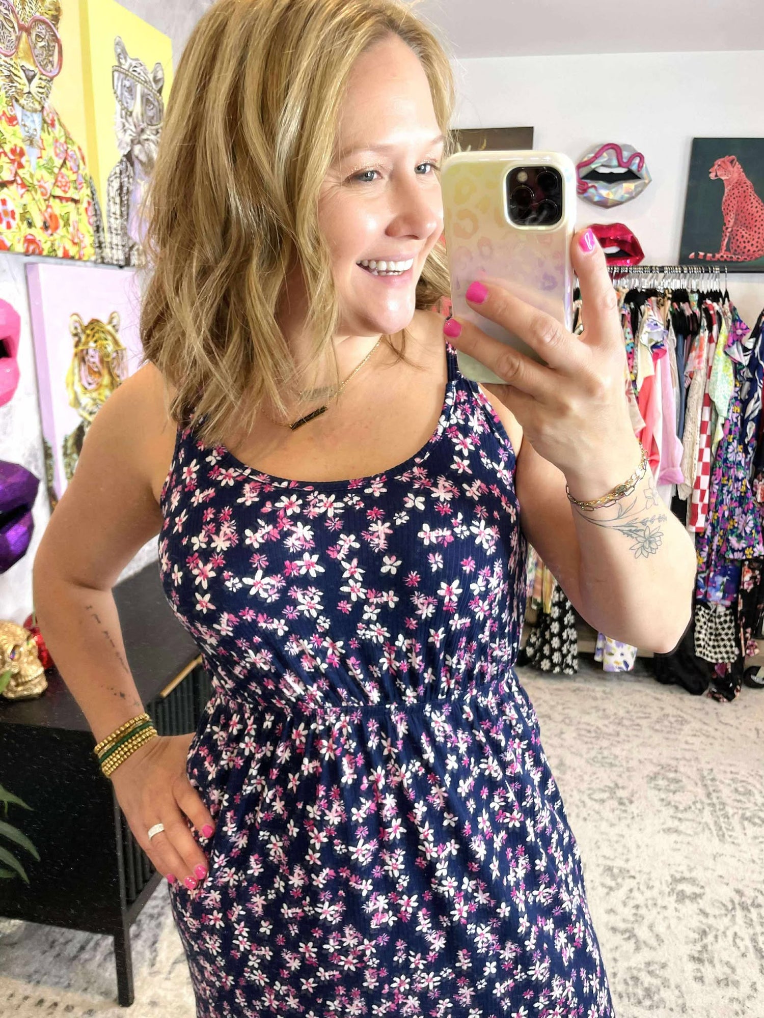 Reagan Ribbed Midi Dress - Navy & Magenta Floral {XS-3X}