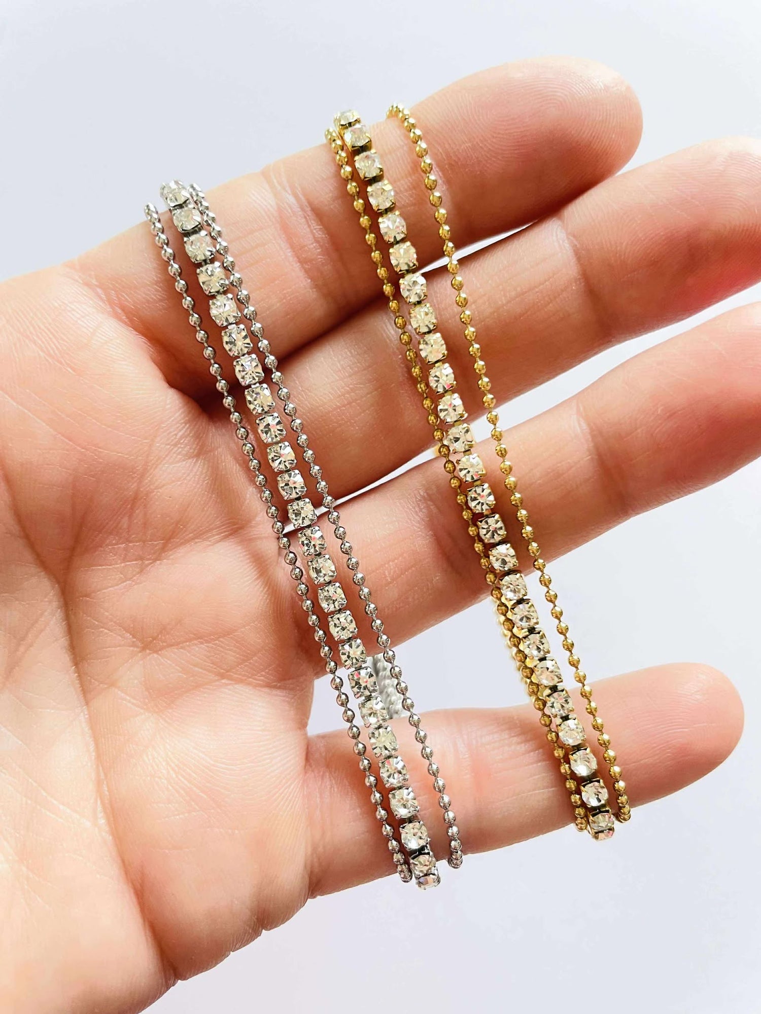 Stainless Steel Anklet - Rhinestone/Ball Chain {Waterproof} {Gold/Silver}