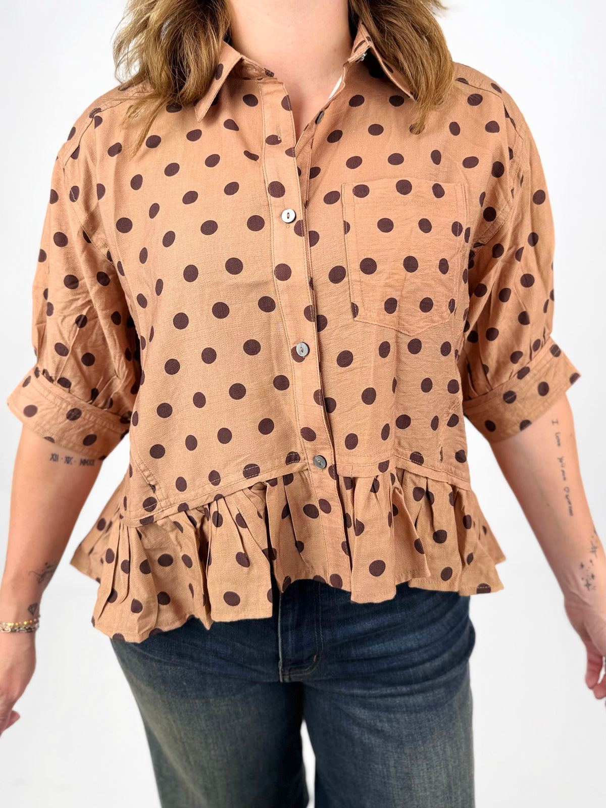 Darling Dots Ruffle Top - Camel {S-2X}