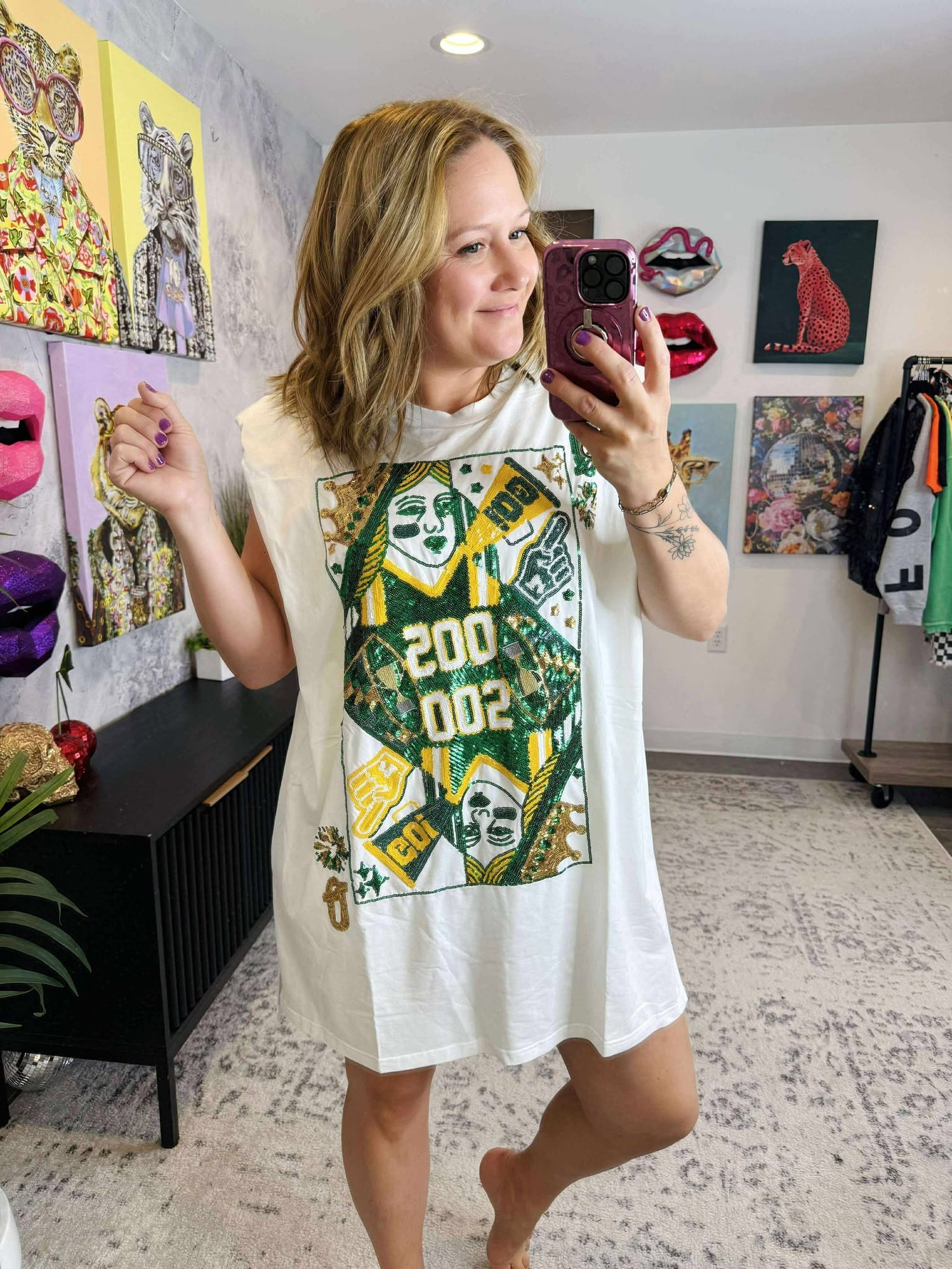 Queen of Sparkles :: Gameday Green & Gold Card Tee Shoulder Pad Dress {XS-XL}