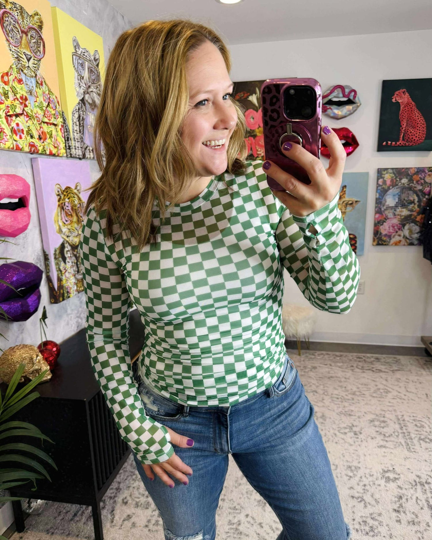 BLAKELEY Dress it Up Mesh Top in Green Checker {SM-2X}