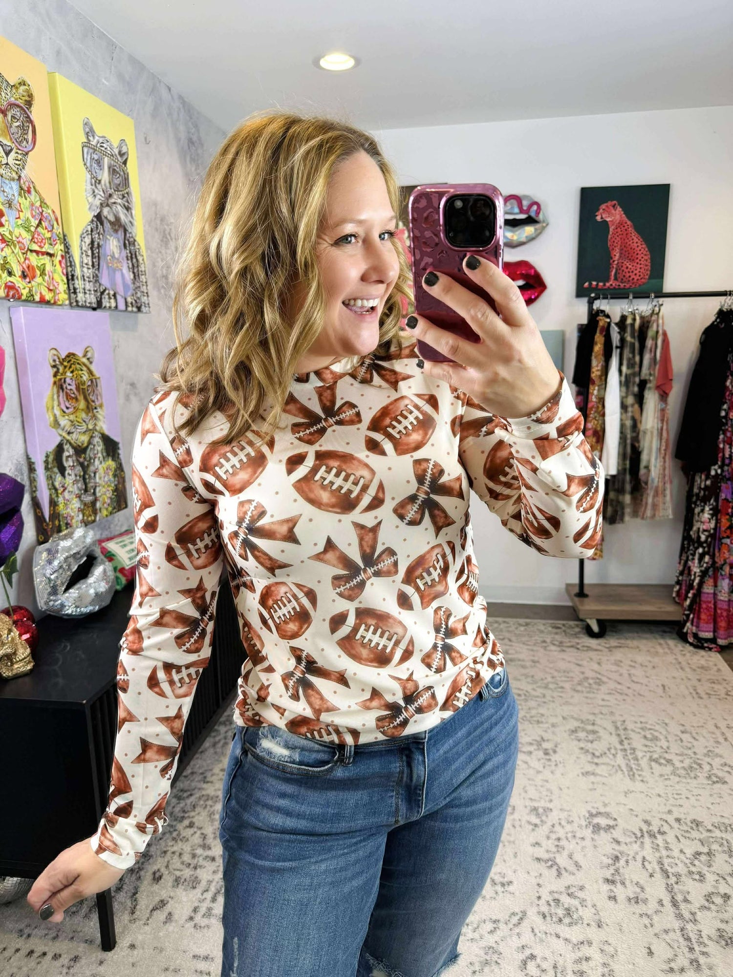 Long Sleeve Mesh Top in Football Bows {S-3X}