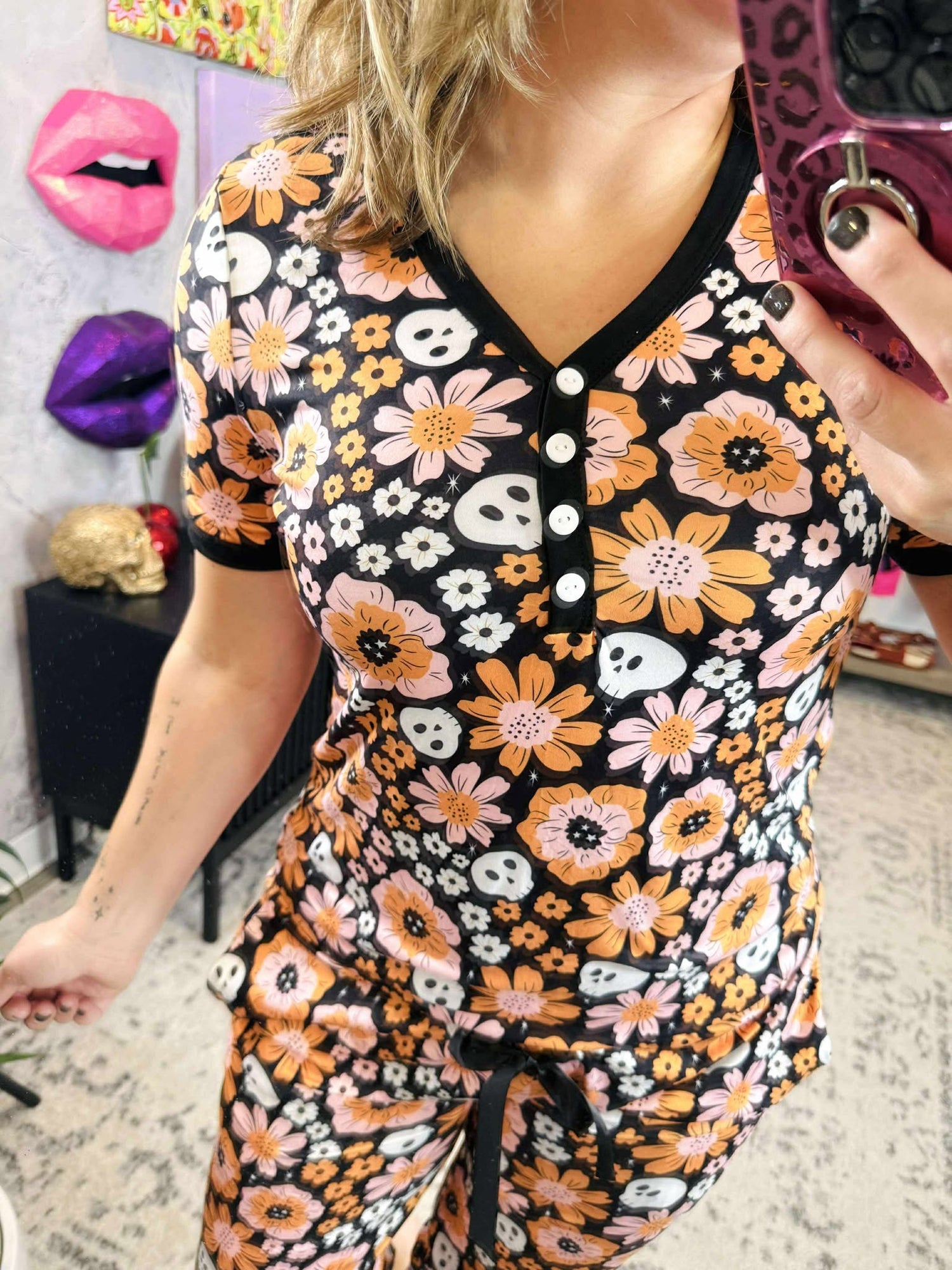 Pajama Set - Short Sleeve - Floral Skull {S-3X}