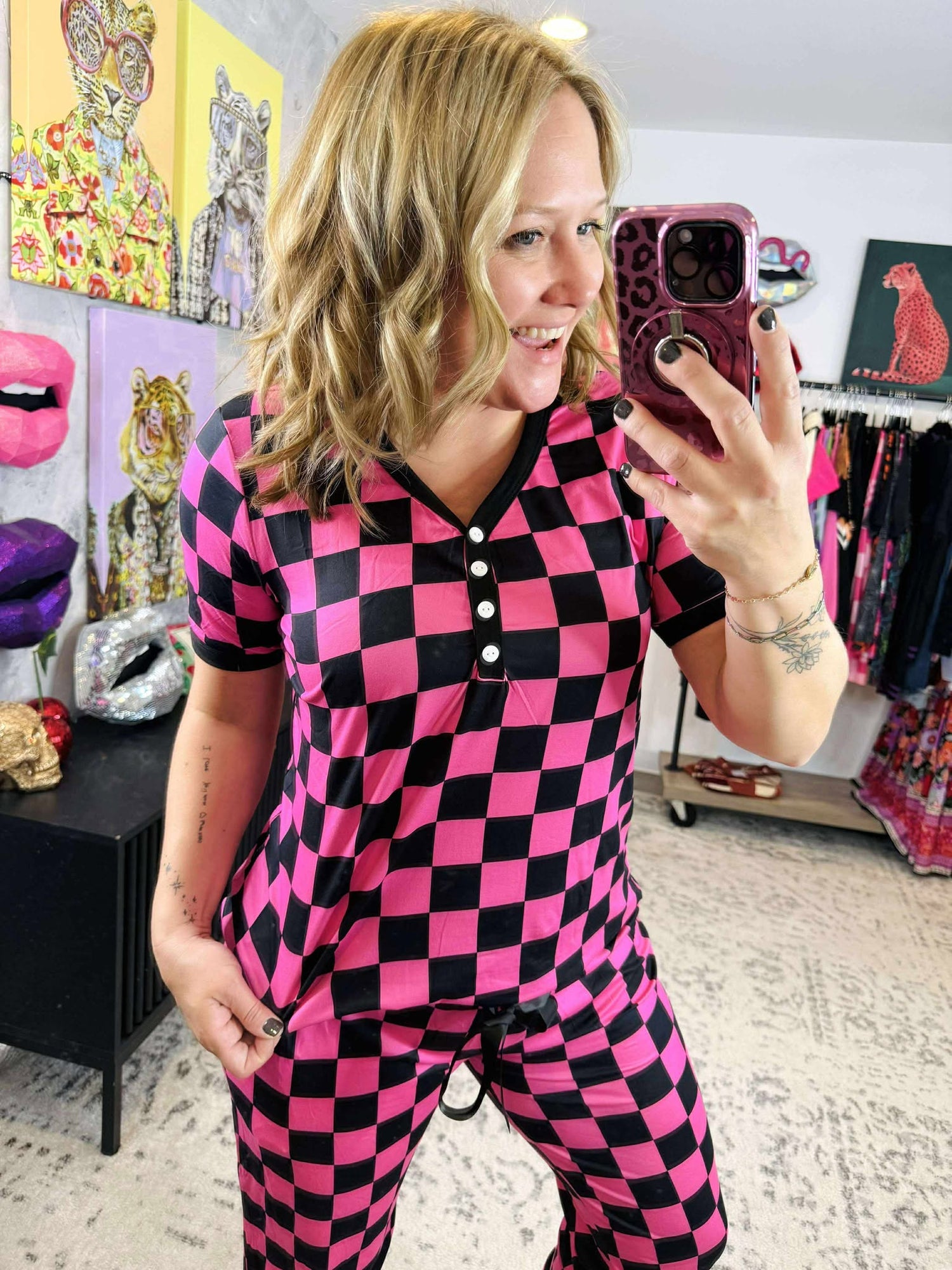 Pajama Set - Short Sleeve - Pink Checker {S-3X}