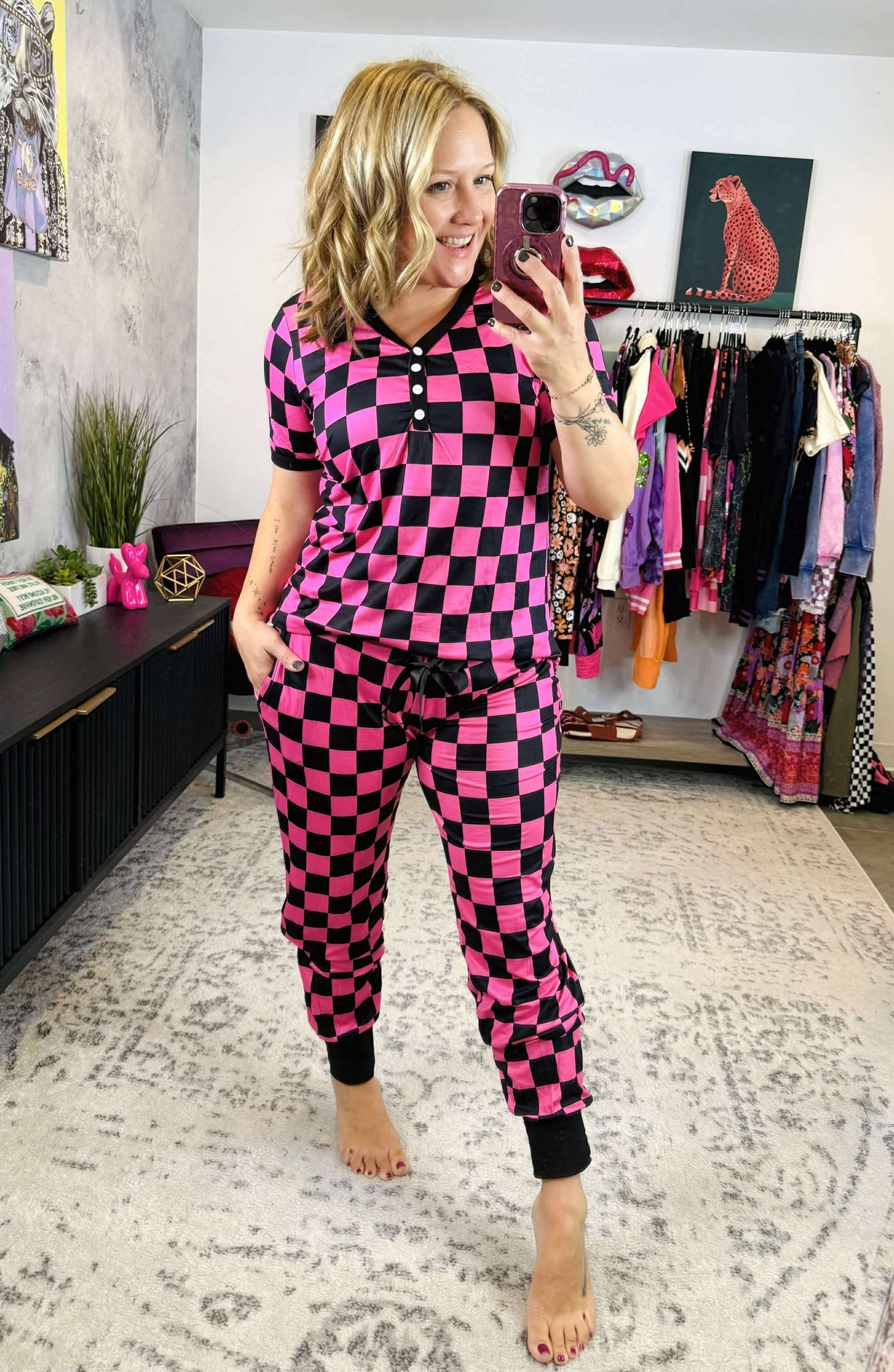 Pajama Set - Short Sleeve - Pink Checker {S-3X}