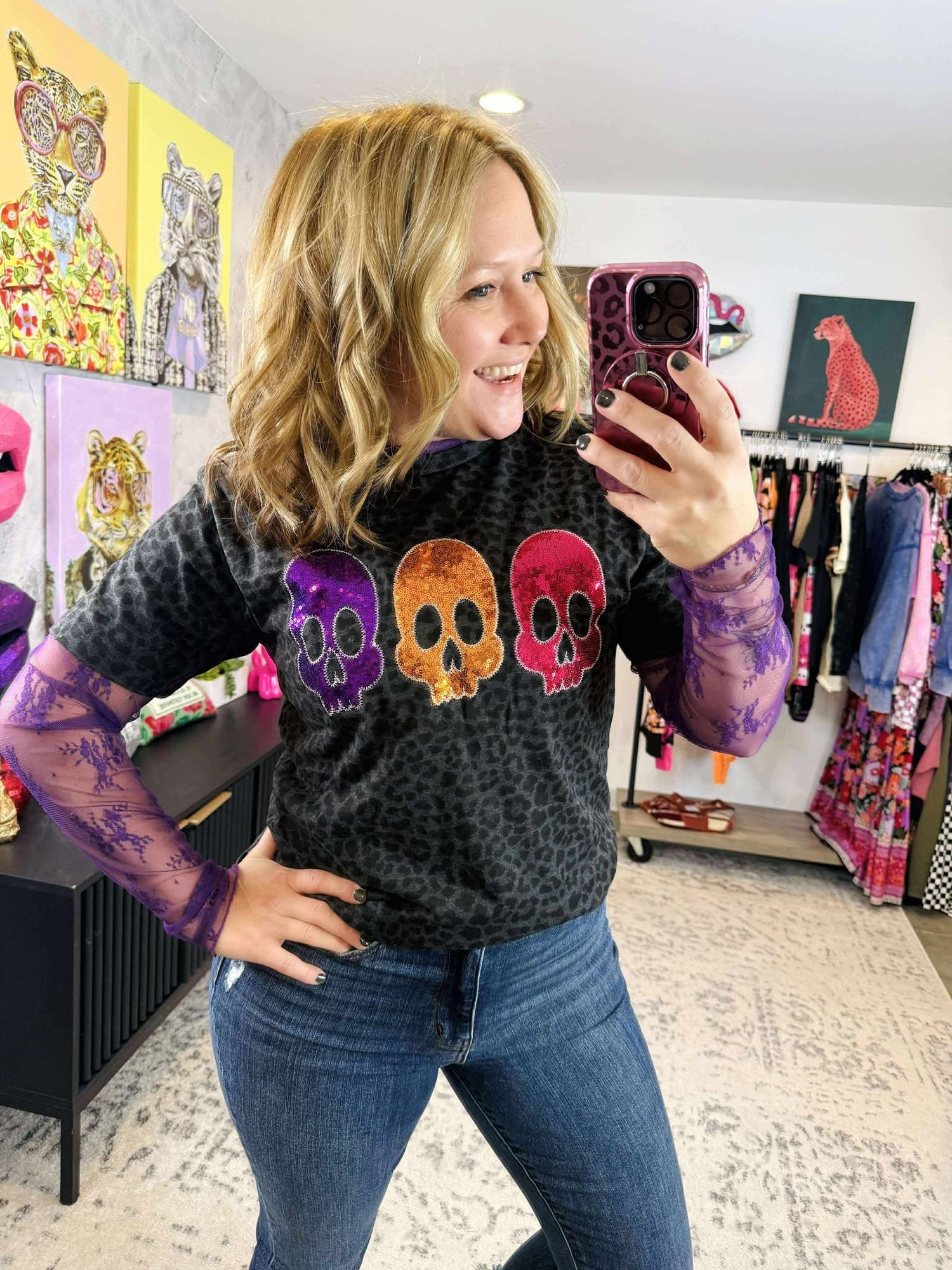 Leopard Sequin Skulls Tee {S-3X}