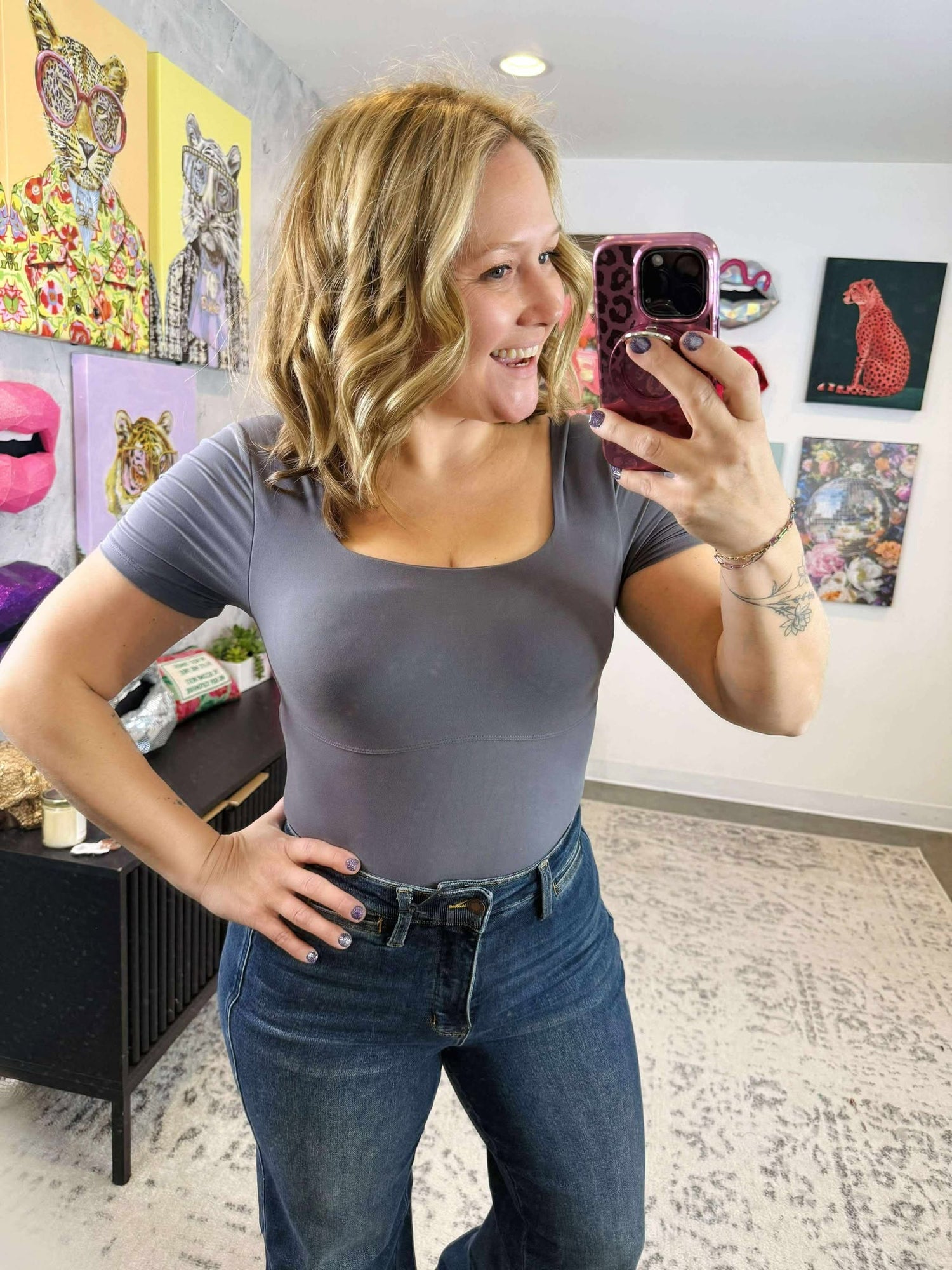 Square Neck Bodysuit in Titanium {S-3X}