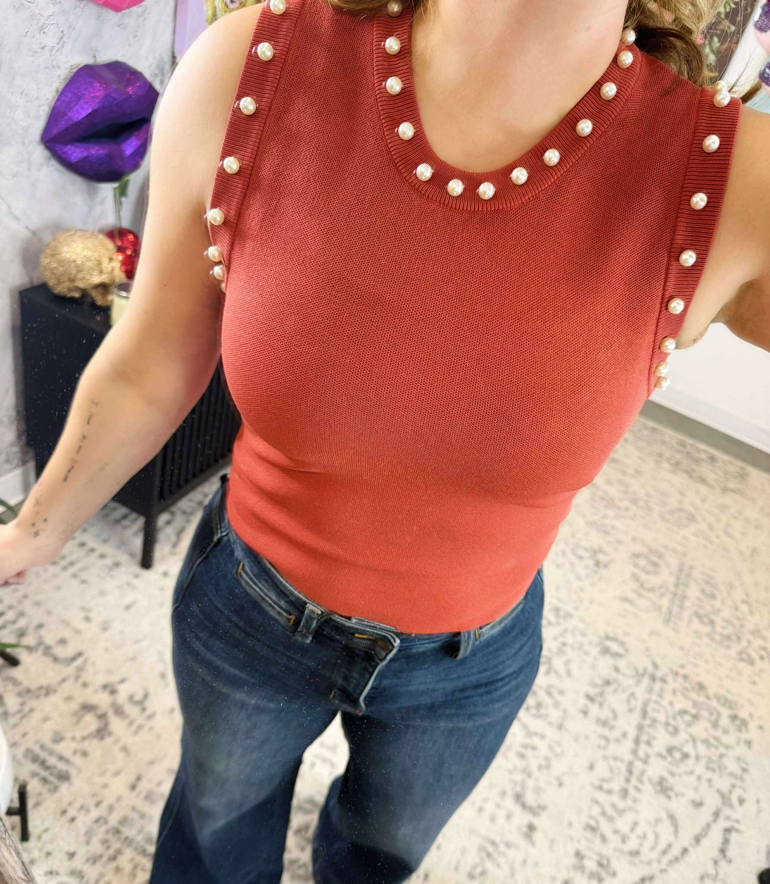 Glamour Pearl Sleeveless Top in Rust {S-L}