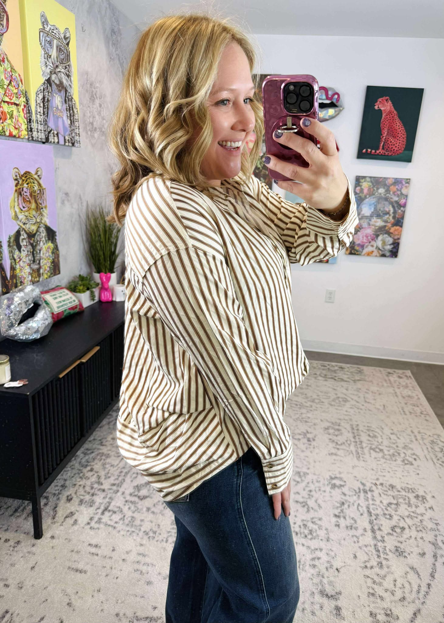 Linear Luxe Button-Up Top in Brown {S-2X}