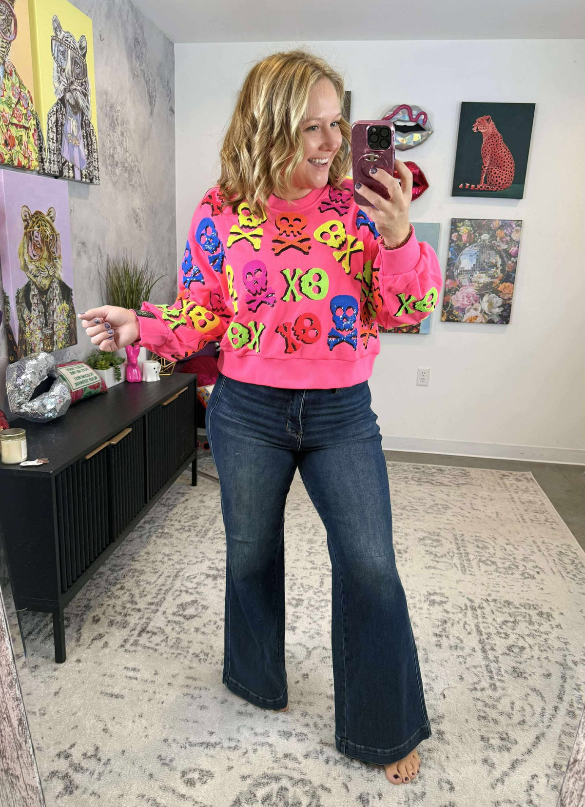 Queen of Sparkles :: Neon Pink Multi Skull & Crossbones Sweatshirt {XS-XL}