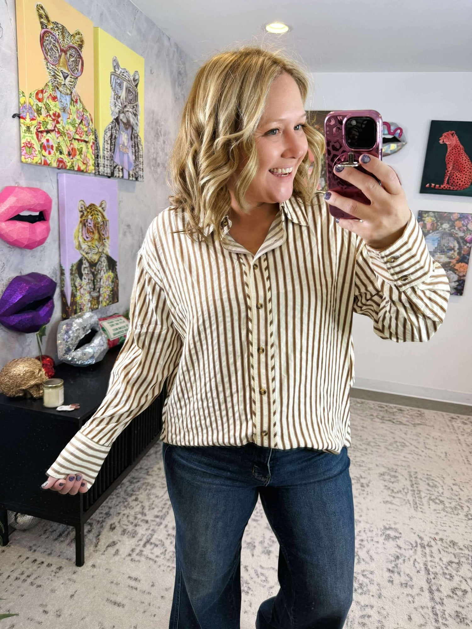 Linear Luxe Button-Up Top in Brown {S-2X}