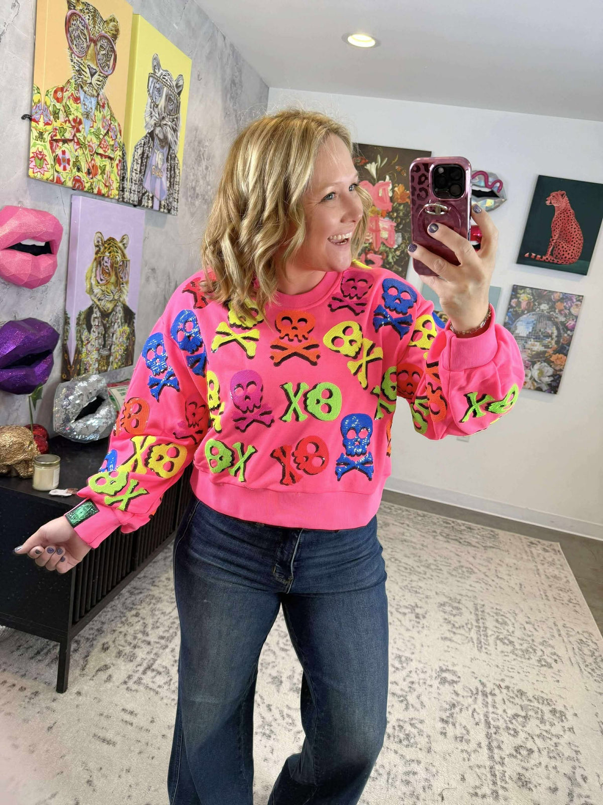 Queen of Sparkles :: Neon Pink Multi Skull & Crossbones Sweatshirt {XS-XL}