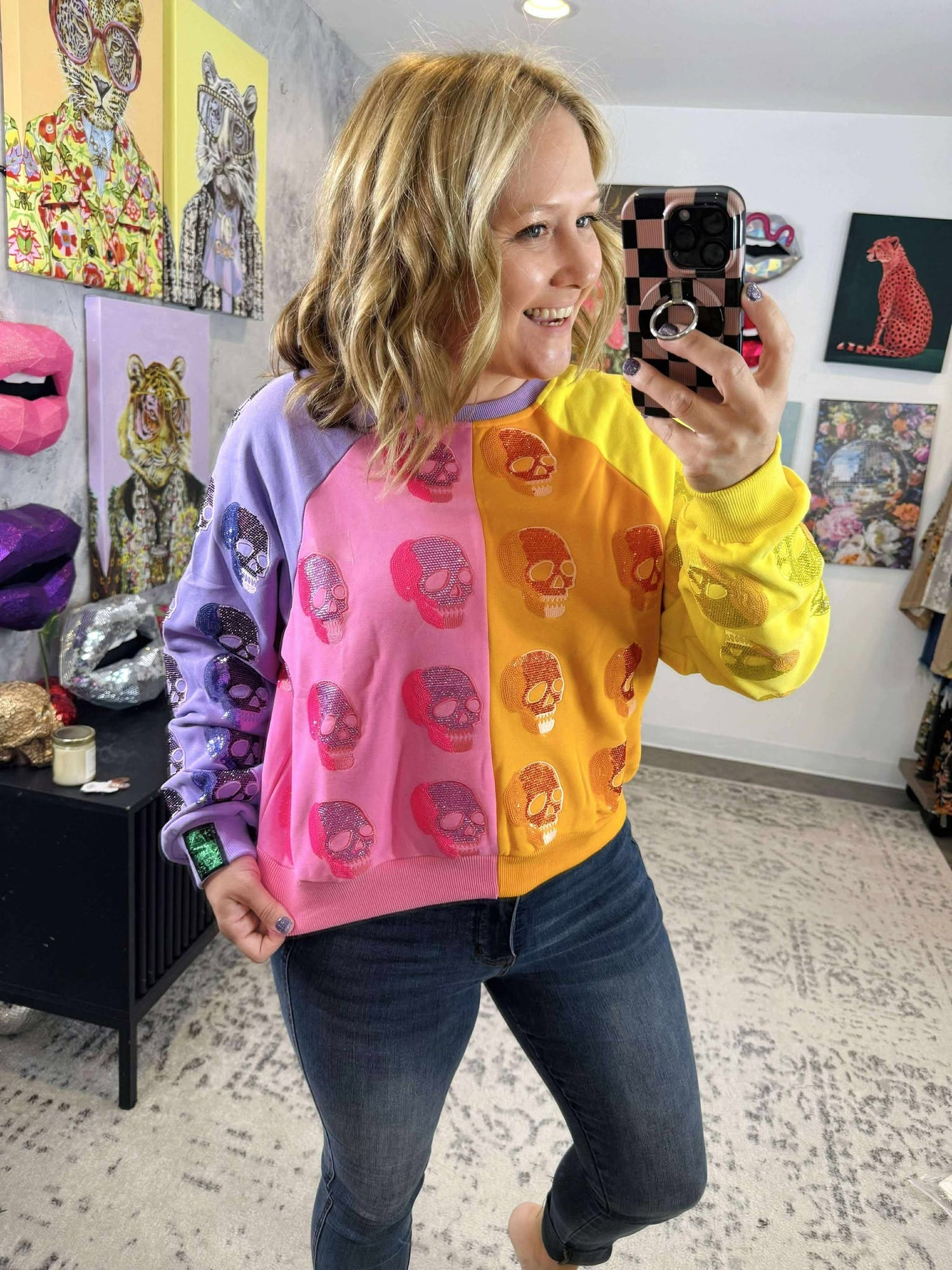 Queen of Sparkles :: Colorblock Rhinestone Skull Sweatshirt {XS-XL}