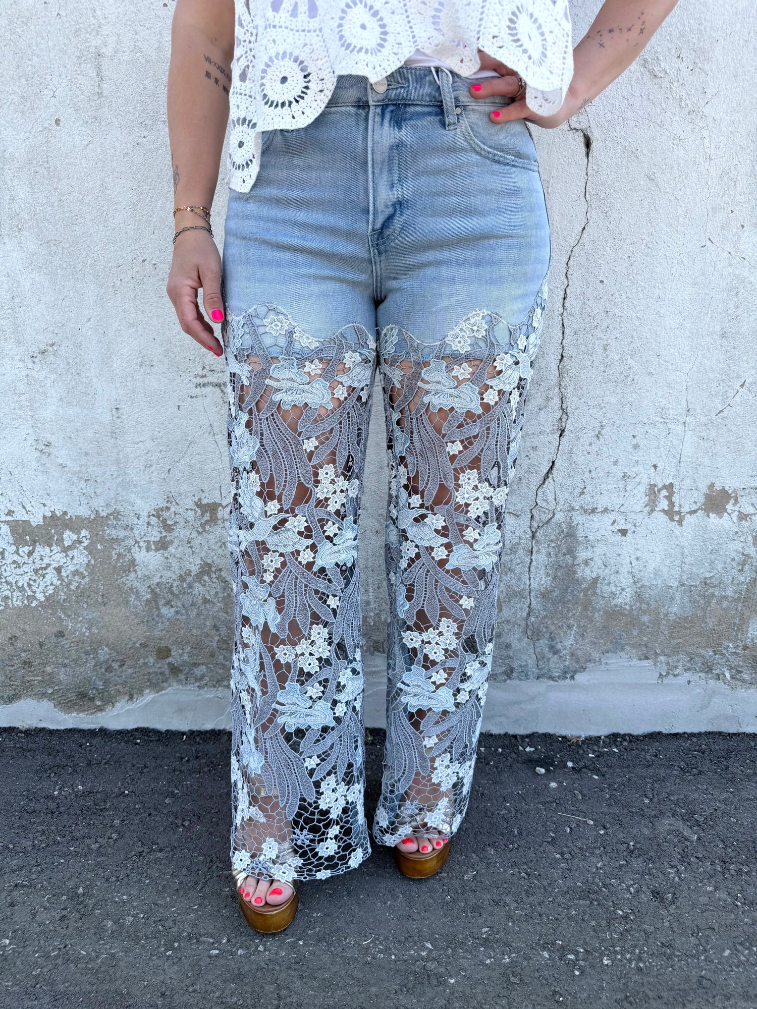 Risen Statement Lace Wide-Leg Jeans {1-15}