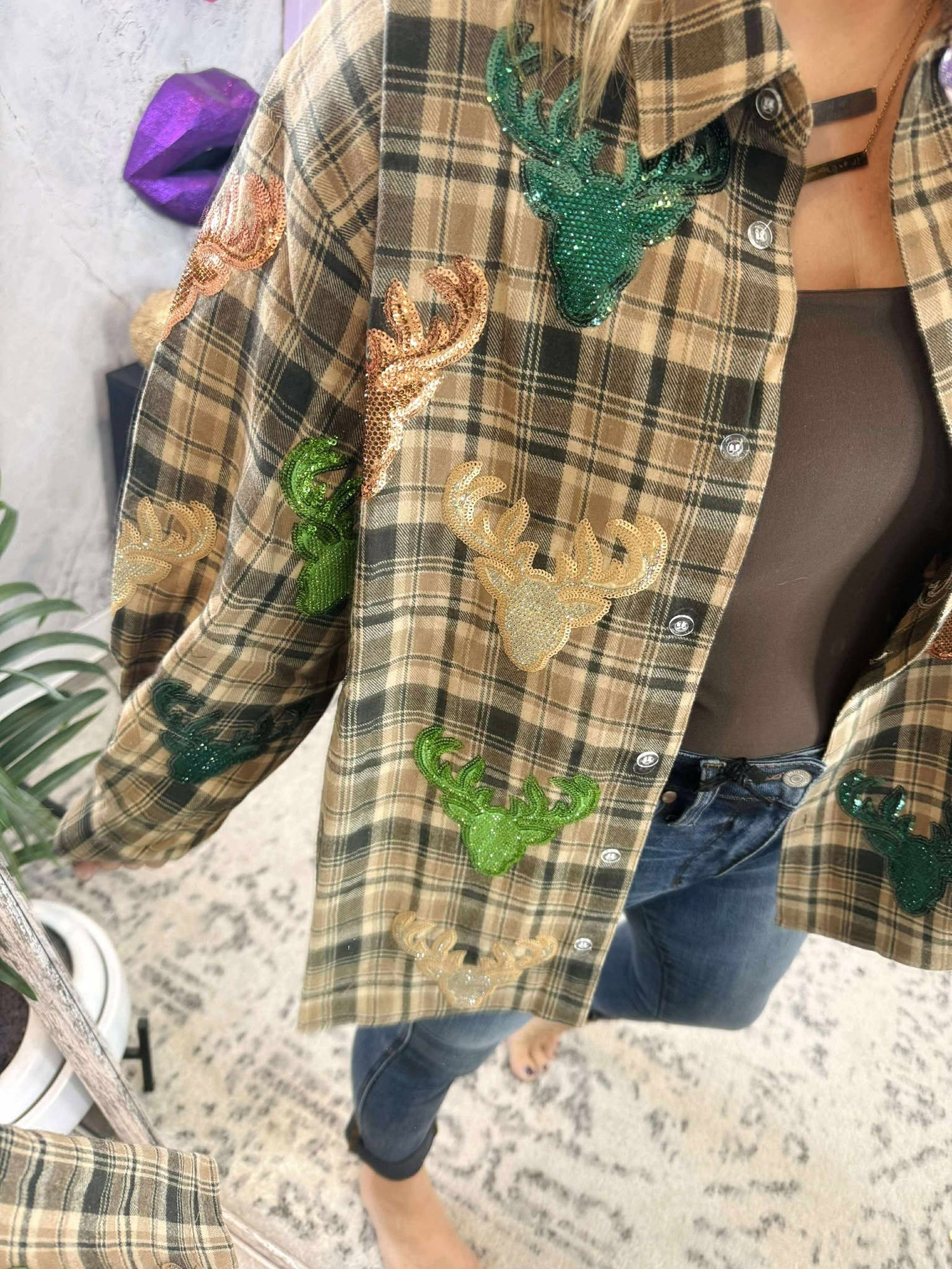 Queen of Sparkles :: Plaid Rhinestone Deer Button Up {XS-XL}