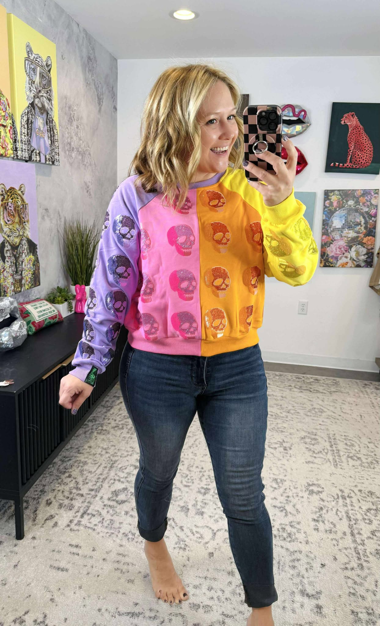 Queen of Sparkles :: Colorblock Rhinestone Skull Sweatshirt {XS-XL}