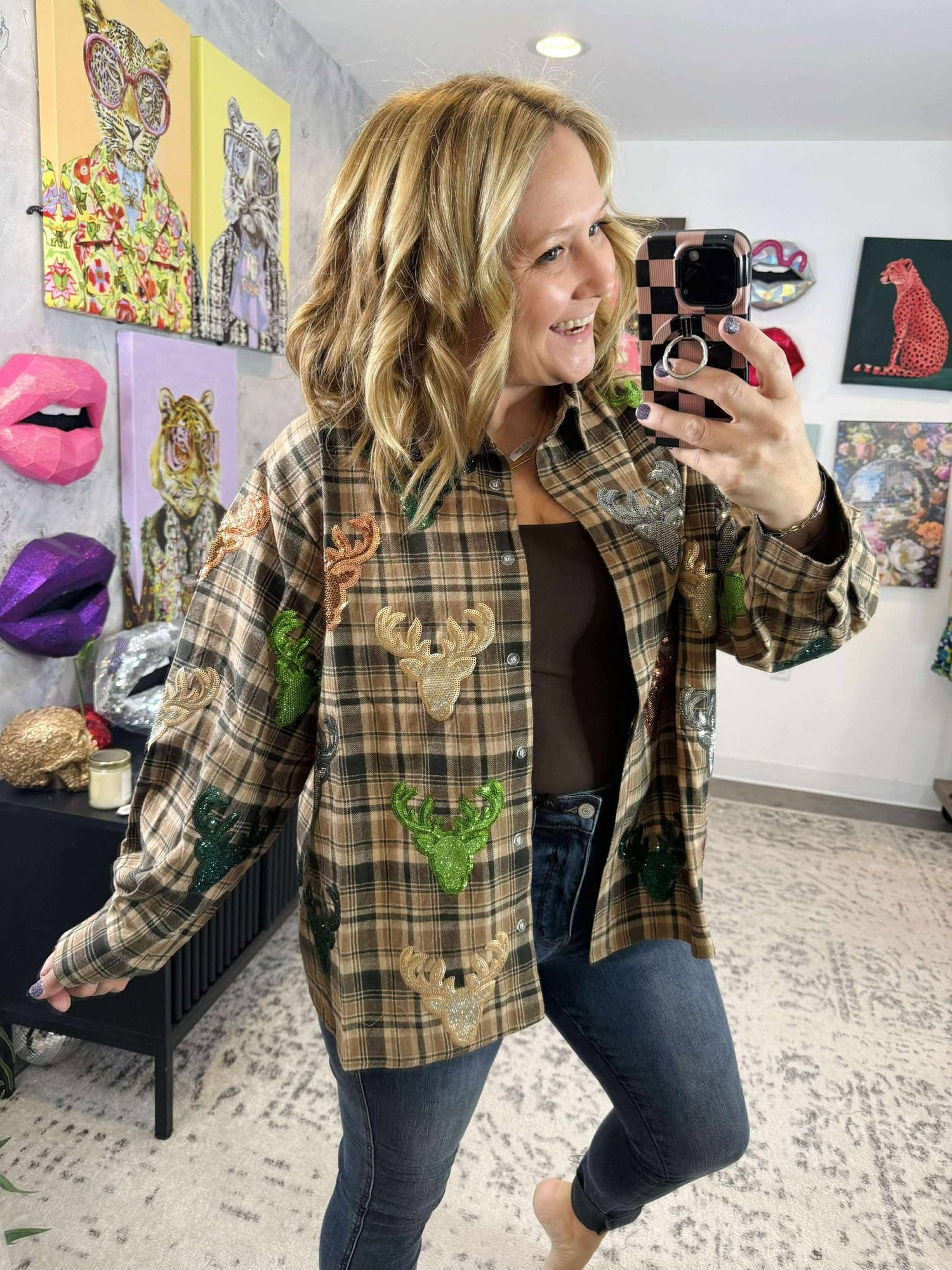 Queen of Sparkles :: Plaid Rhinestone Deer Button Up {XS-XL}