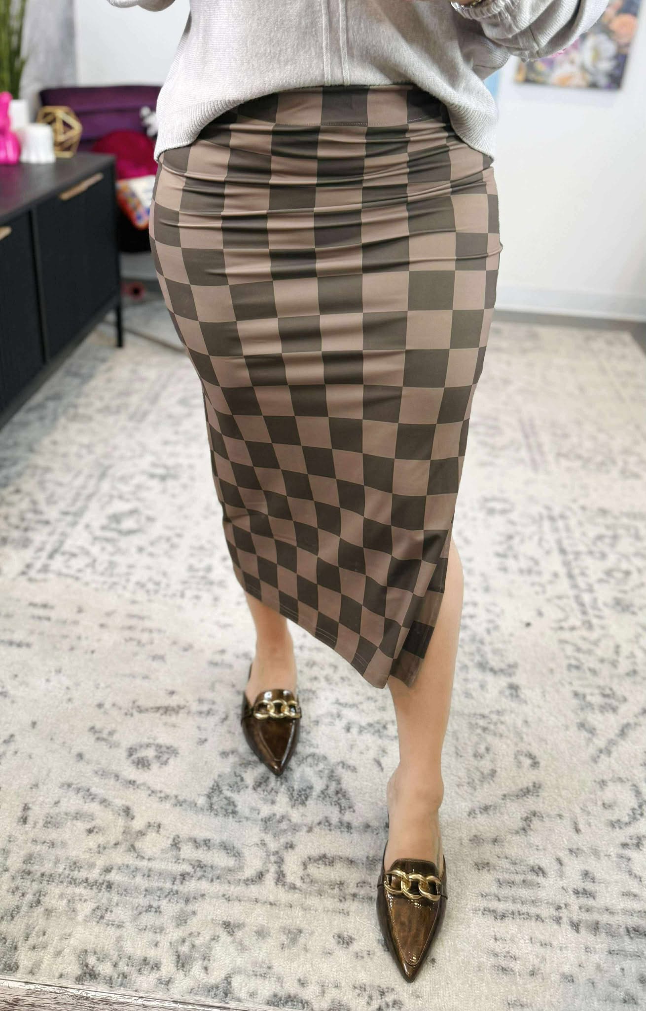 Chocolate Checkered Midi Skirt {S-3X}