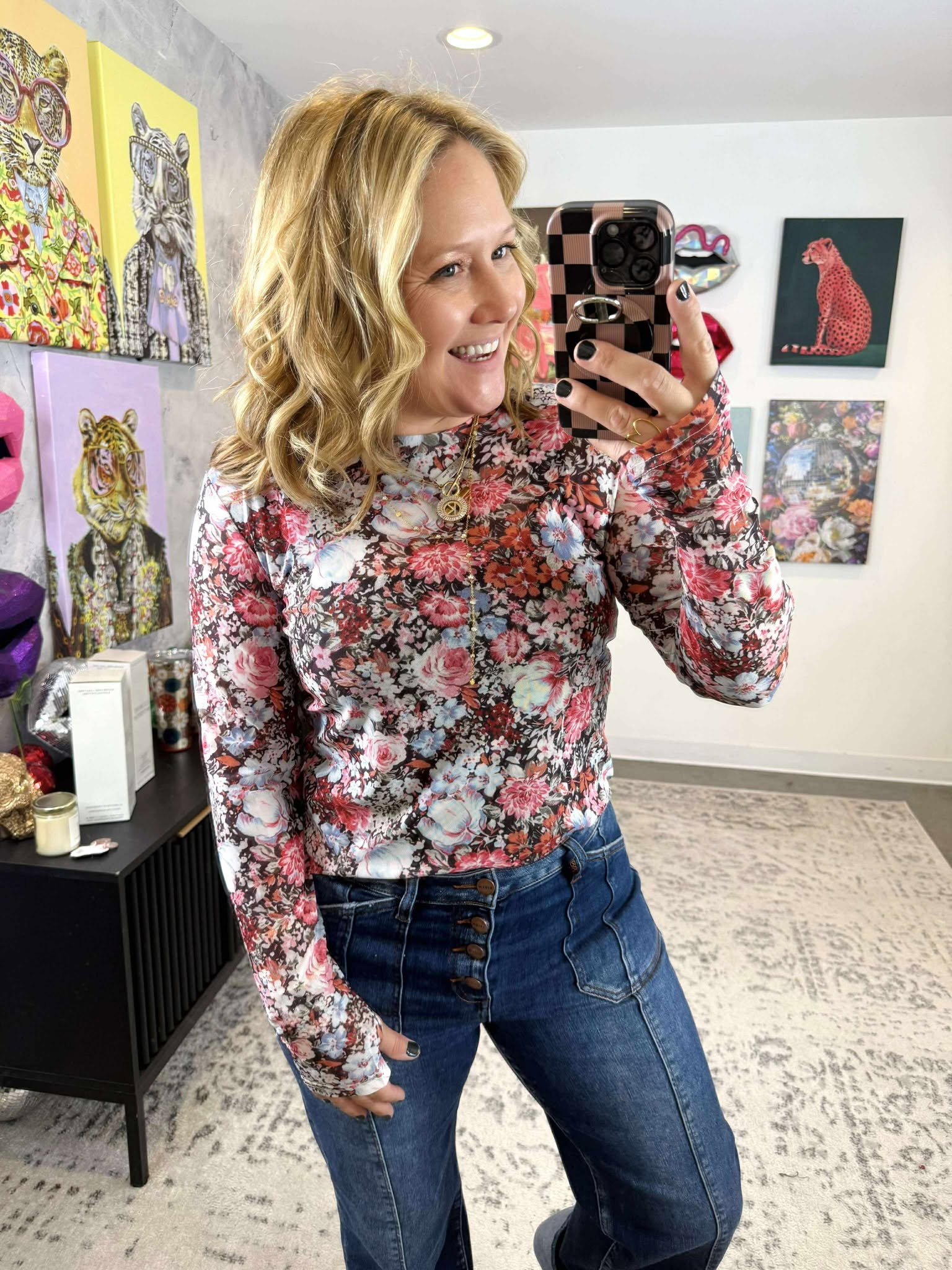 Long Sleeve Mesh Top in Pink Floral {S-3X} - KaraMarie