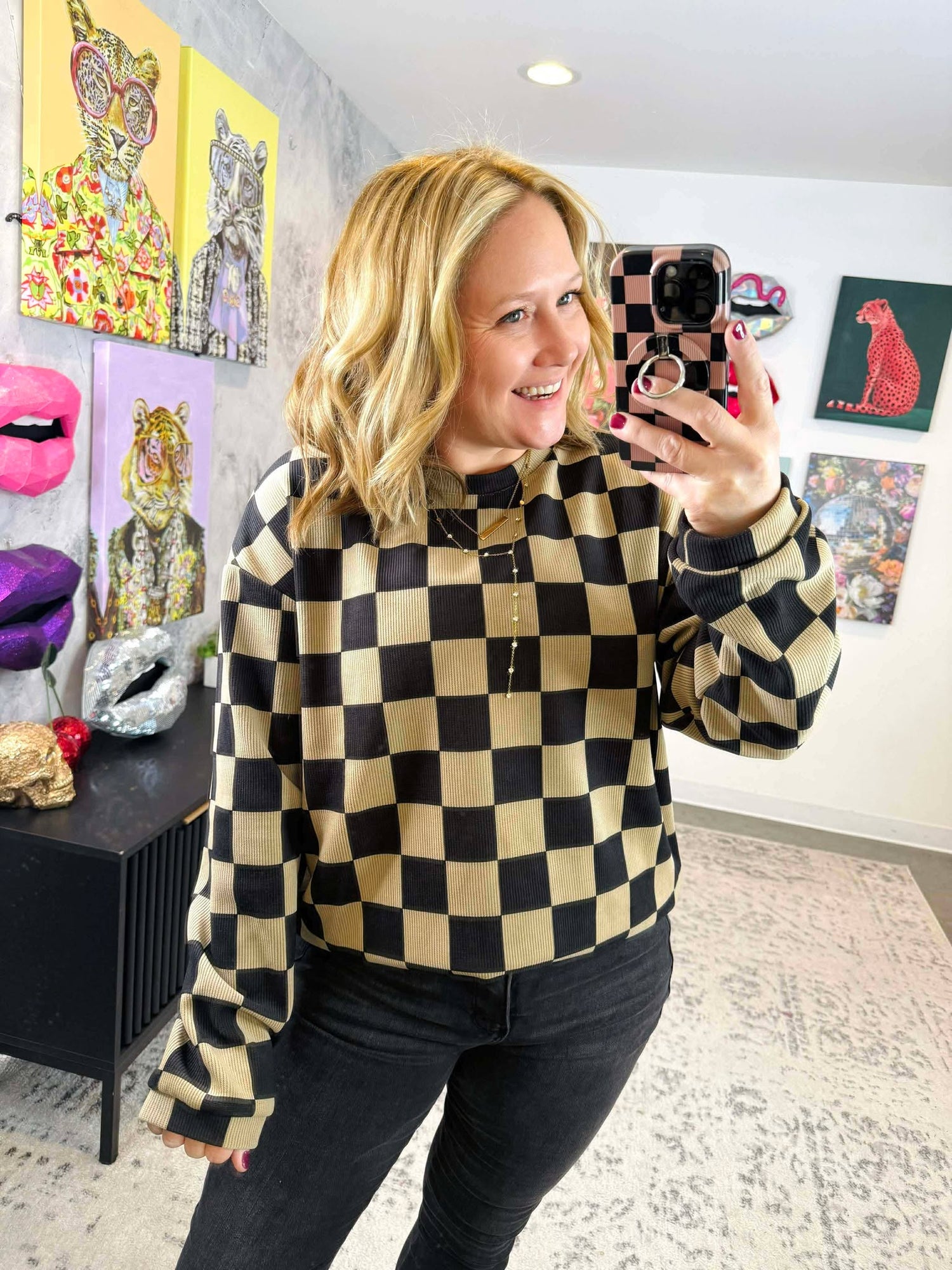 Charlie Luxury Corded Crew in Checkered Print {S-3X}