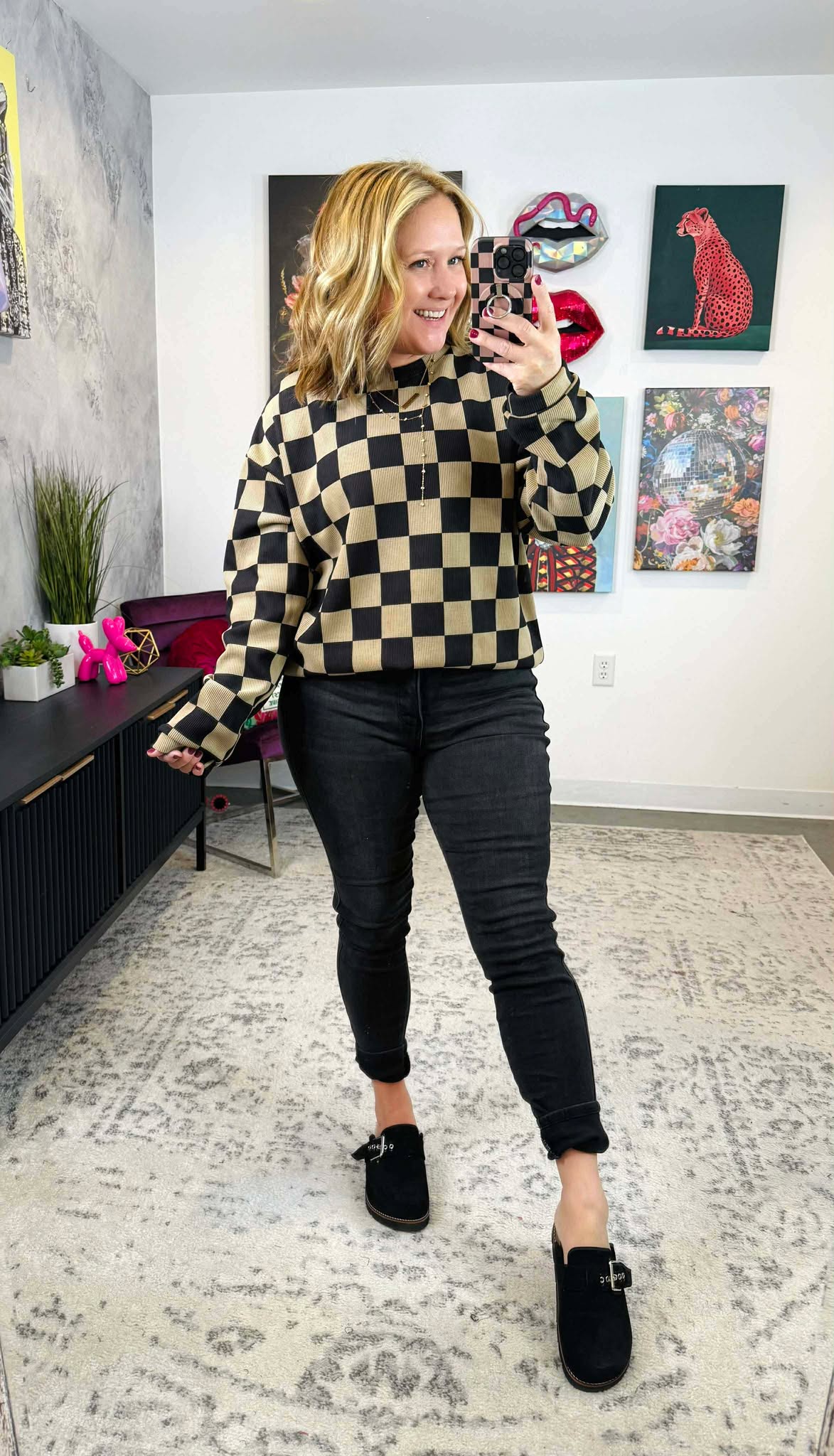 Charlie Luxury Corded Crew in Checkered Print {S-3X}