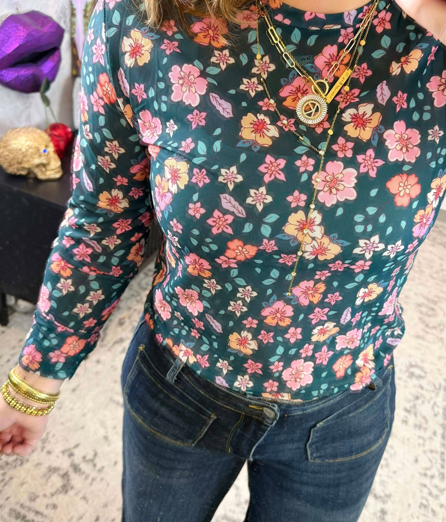 Long Sleeve Mesh Top in Colorful Floral {S-3X}