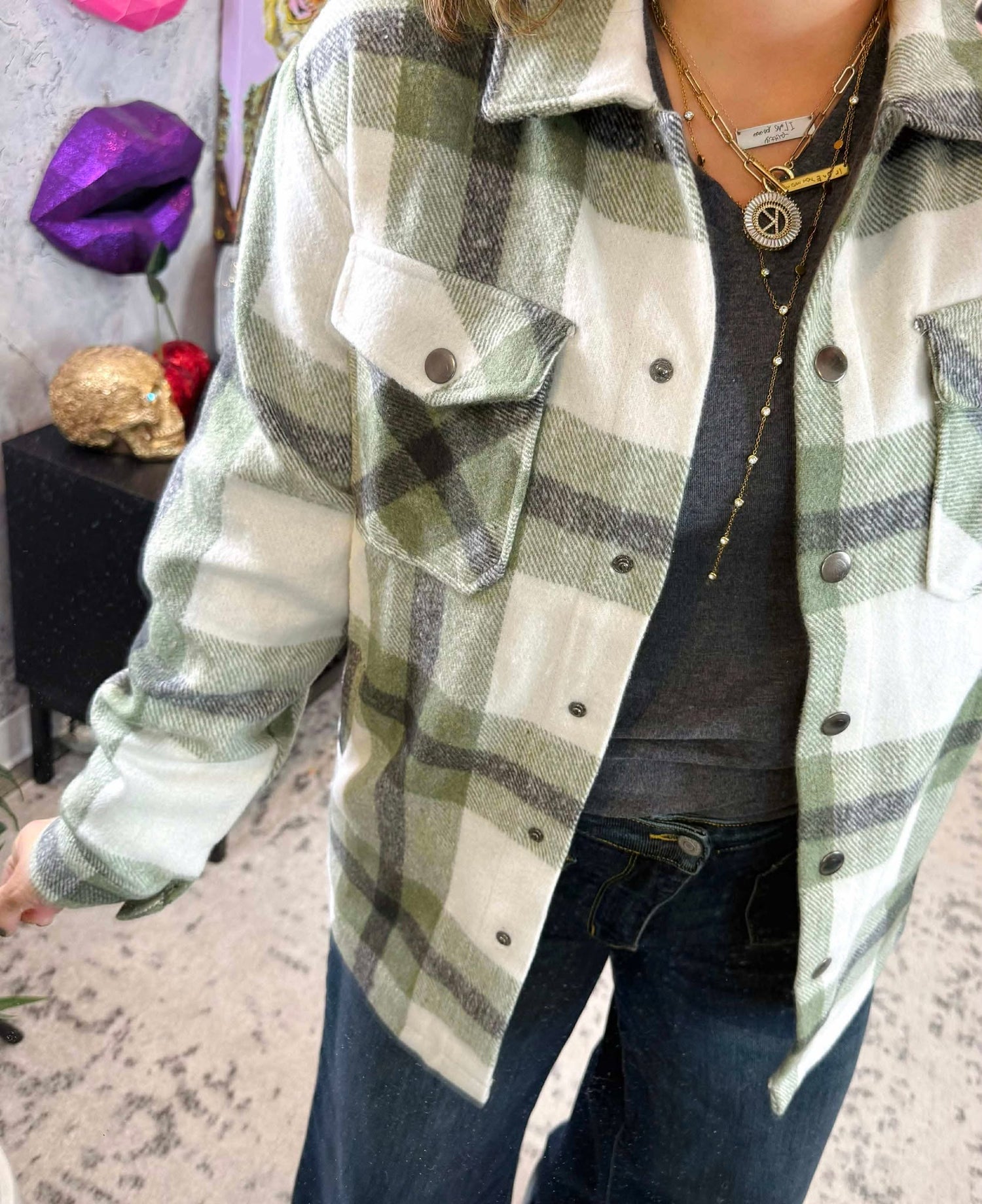 MM Norah Plaid Shacket - Sage {S-3X}