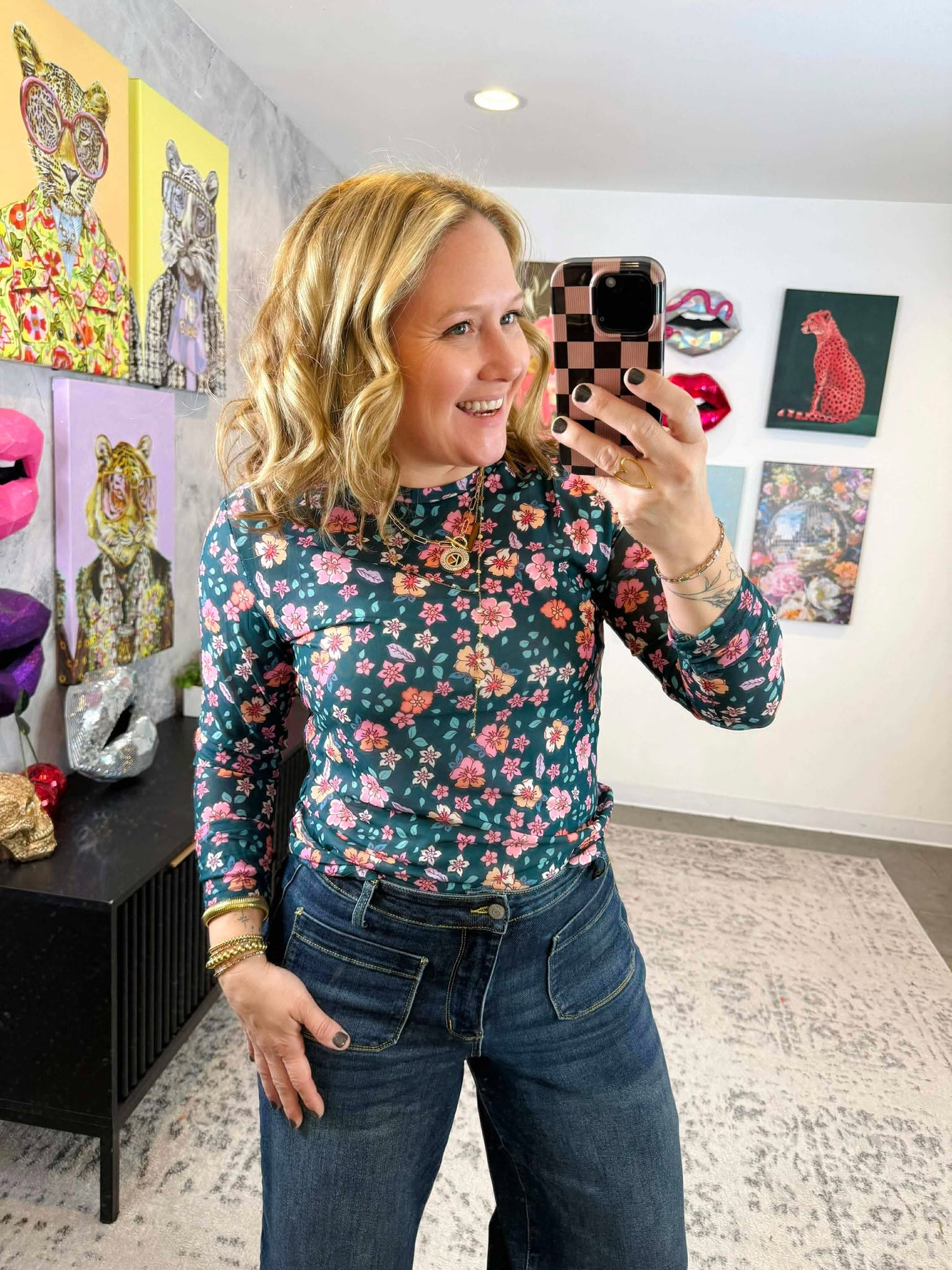 Long Sleeve Mesh Top in Colorful Floral {S-3X}