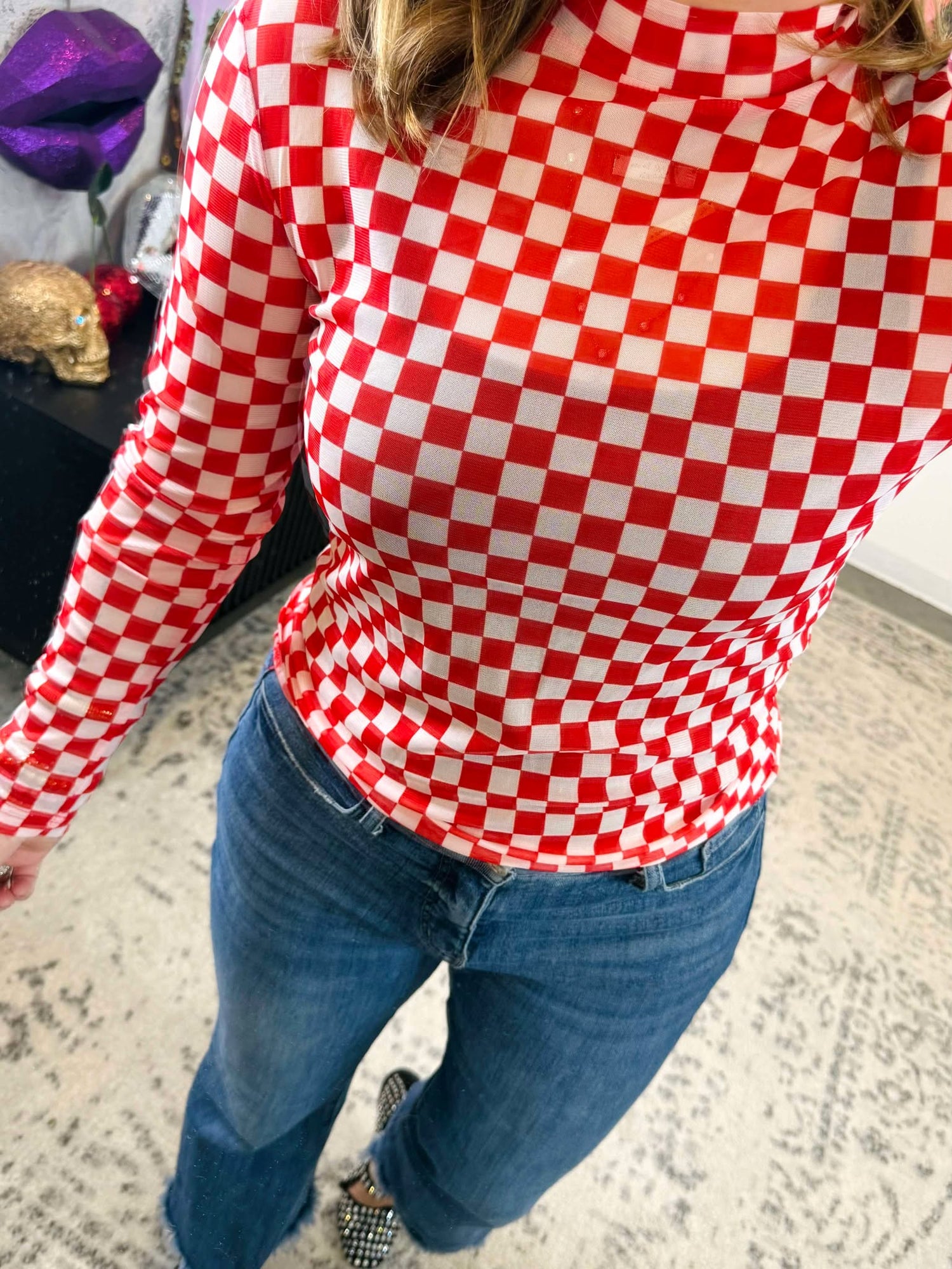 Pep Rally Mesh Top in Red Check {S-2X}