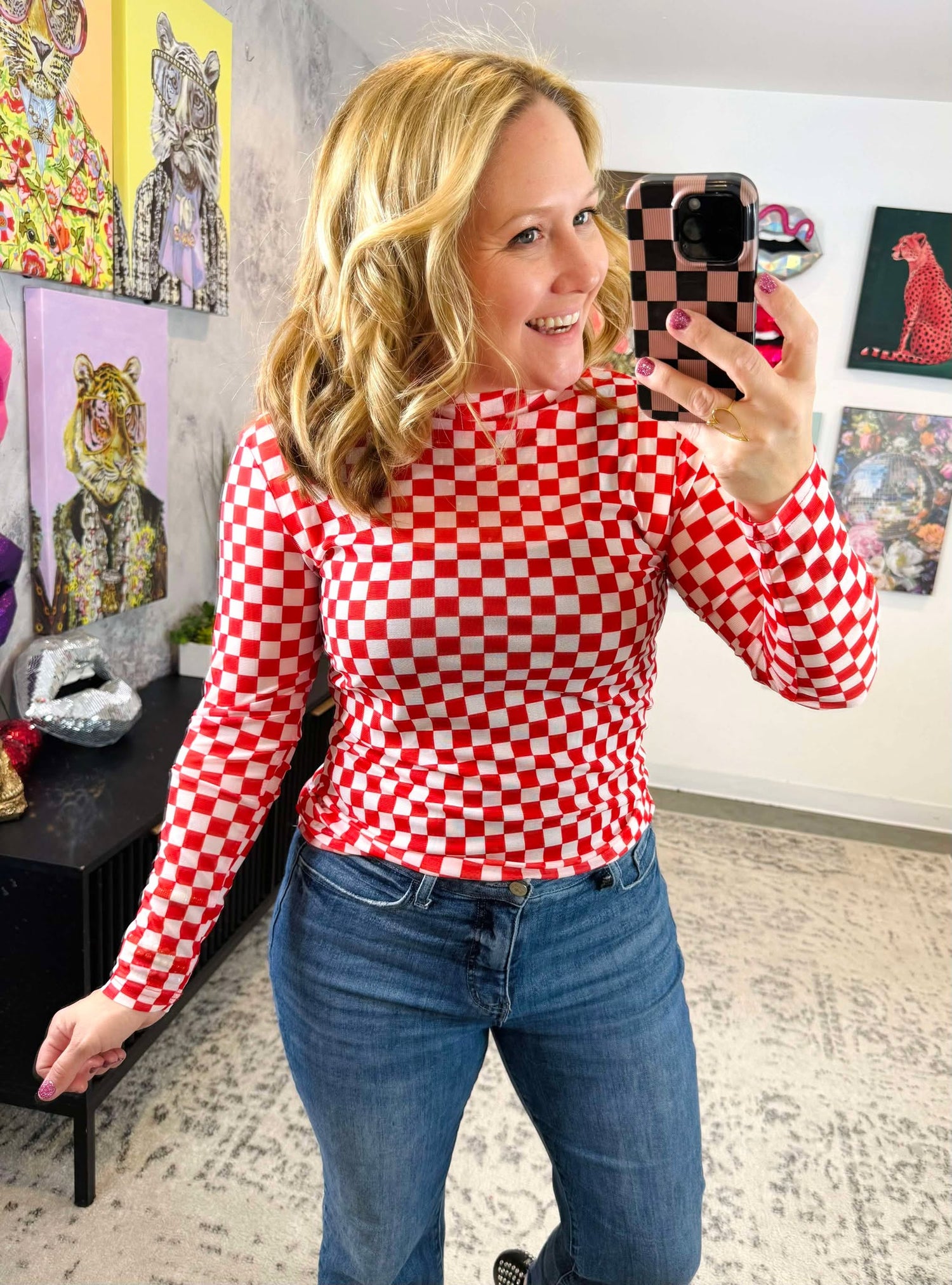 Pep Rally Mesh Top in Red Check {S-2X}