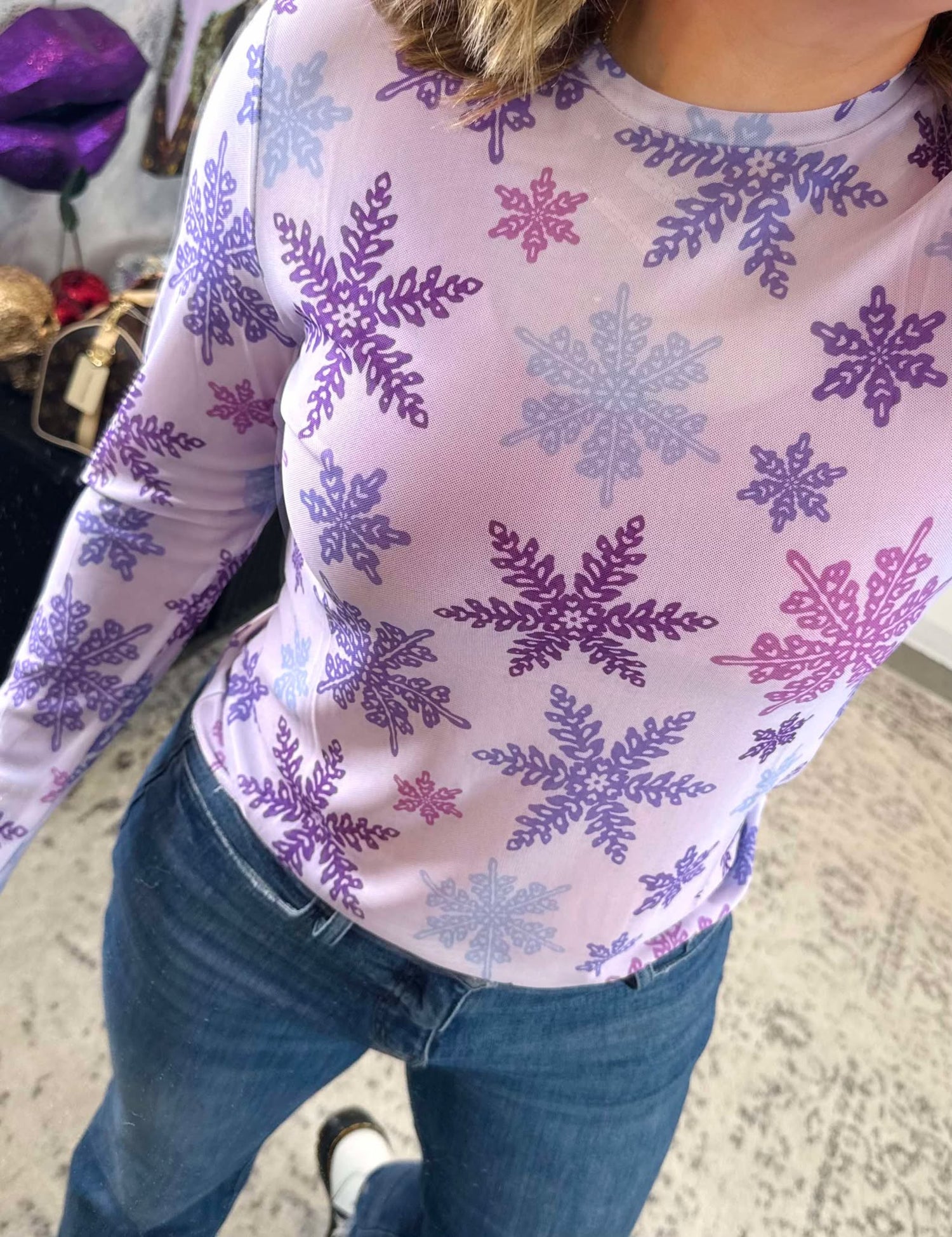Long Sleeve Mesh Top in Purple Snowflakes {S-3X}