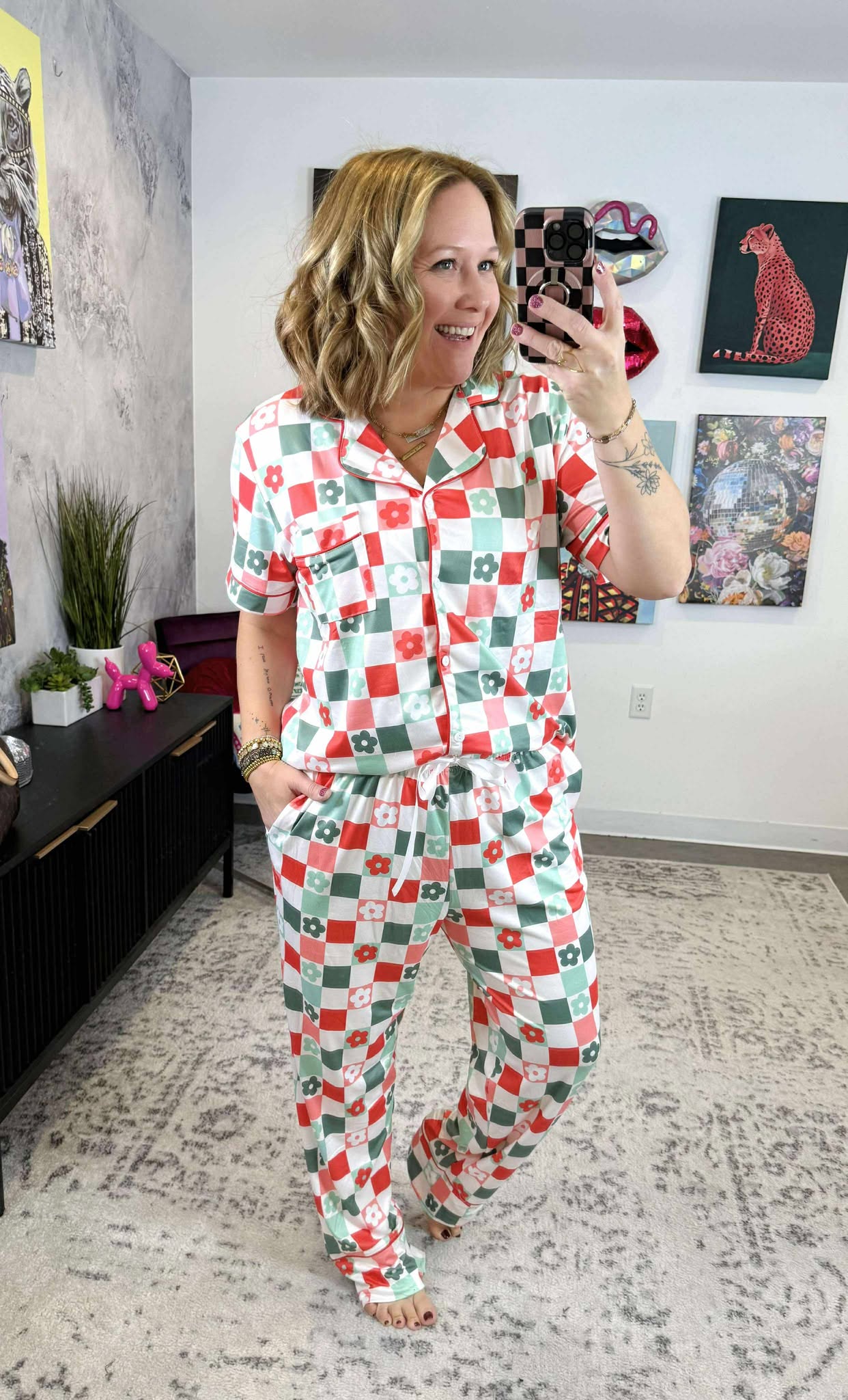 Pajama Set - Button Down - Checkered Floral {XS-3X}