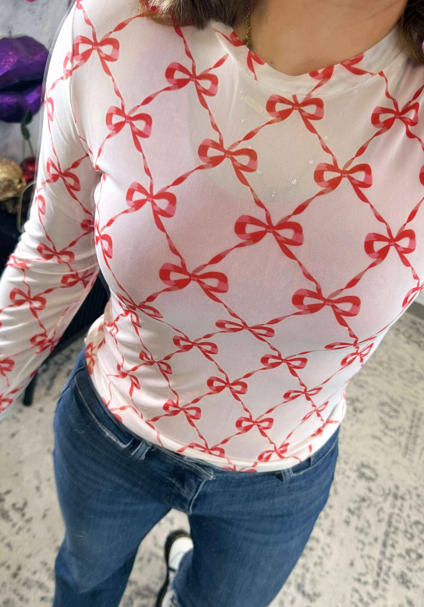 Blakeley Christmas Printed Mesh Tops - Red Ribbon Bows {SM-2X}