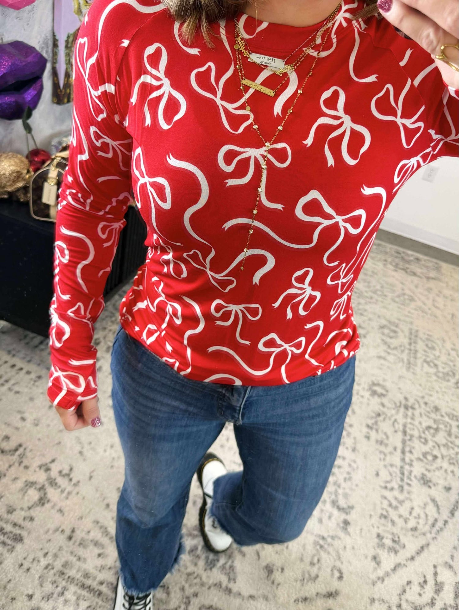 MM Blair Long Sleeve Top - Red & White Ribbons {S-3X}